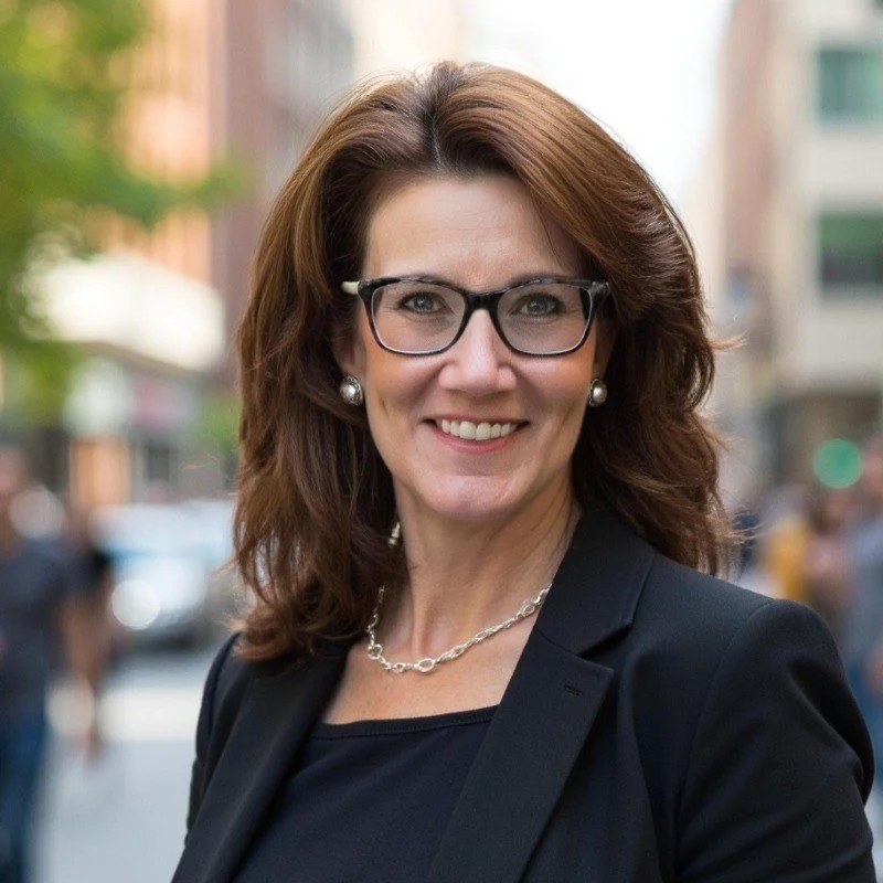 Woman with shoulder-length brown hair, wearing glasses, earrings, a pearl necklace, and a black blazer, smiling outdoors in an urban setting.