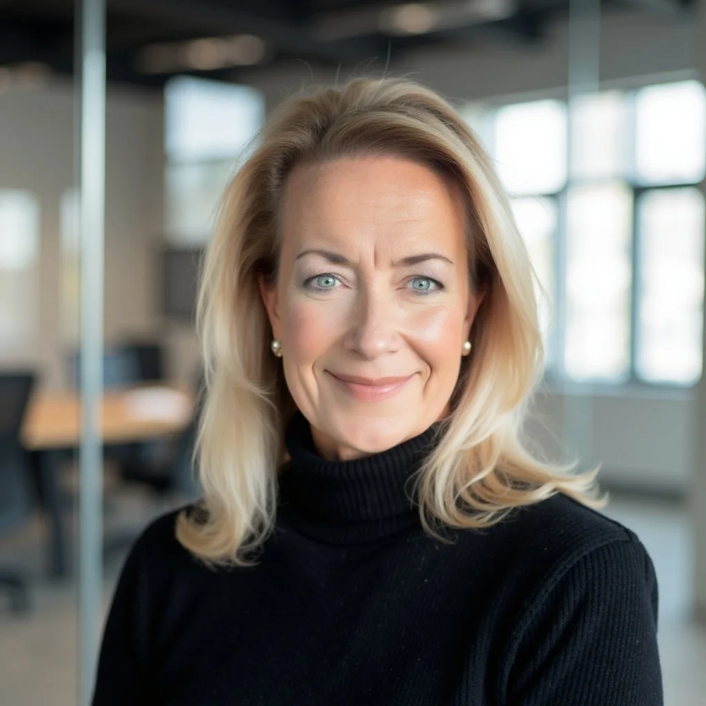 A woman with blonde hair and blue eyes wearing a black turtleneck sweater, smiling in an office setting with large windows and modern furniture.