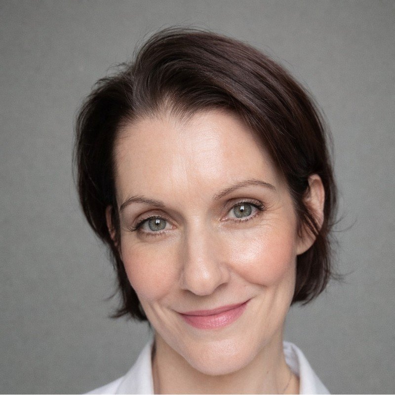 Close-up portrait of a woman with short dark brown hair, fair skin, and blue eyes, smiling gently against a gray background.