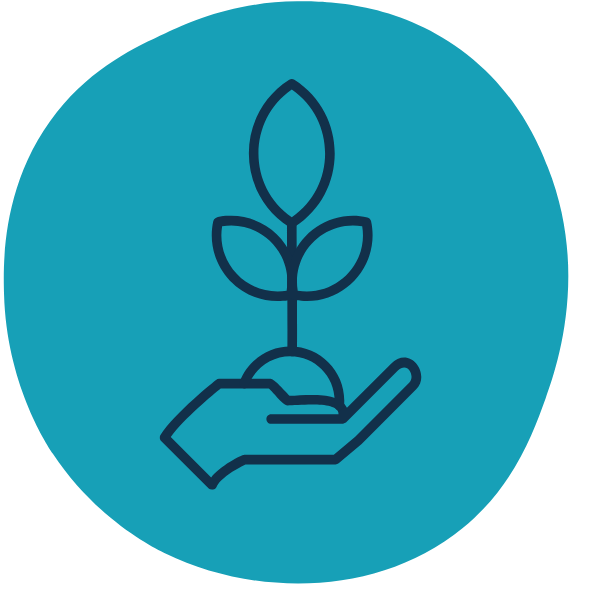 An icon of a hand holding a small plant with three leaves, symbolizing growth or environmental sustainability.