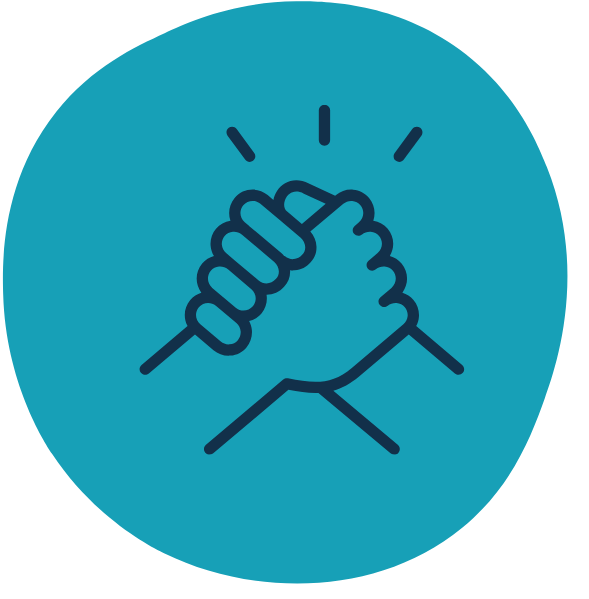 Outline of two hands clasped in a handshake with lines indicating emphasis, inside a blue circular background.
