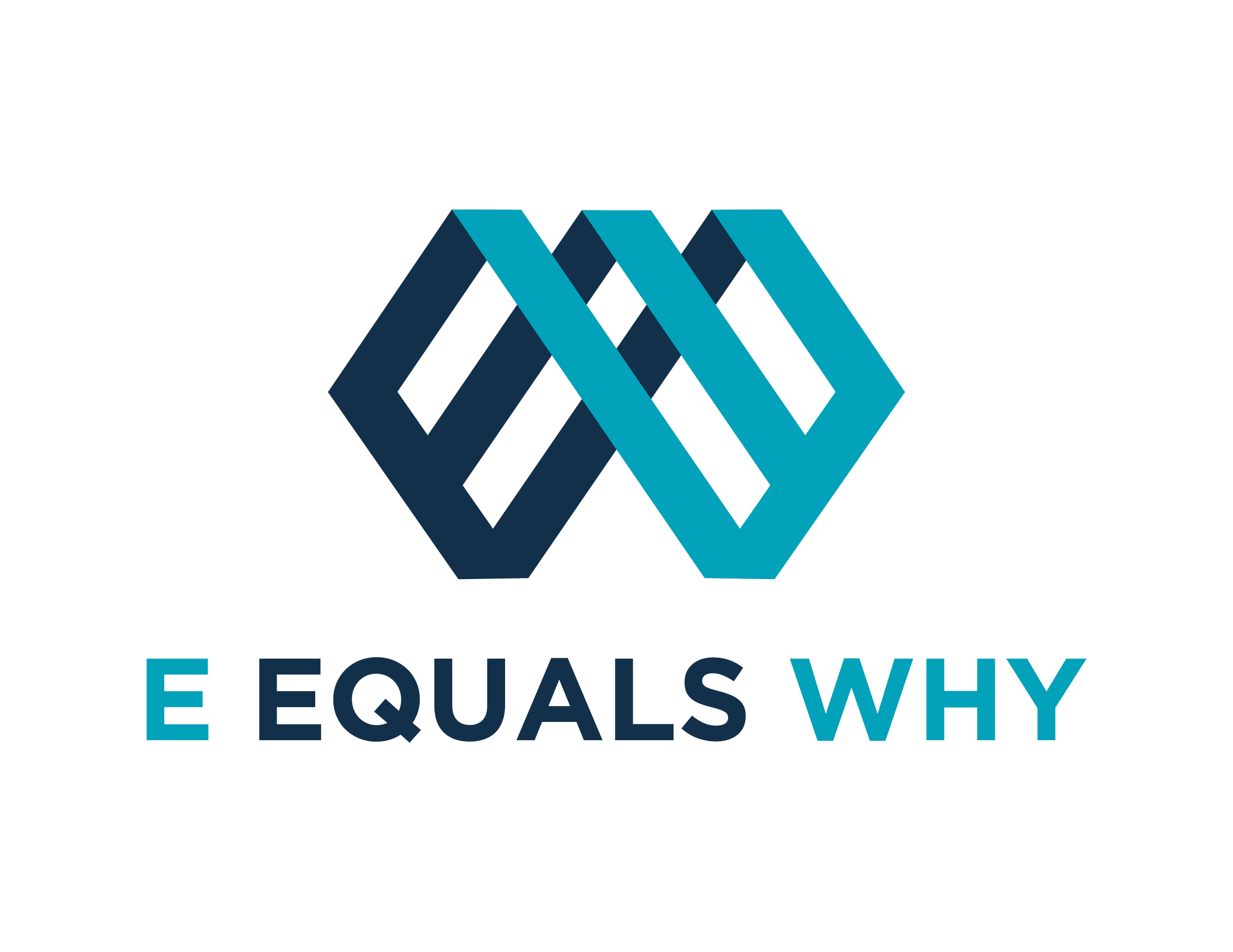 Logo with interlocking geometric shapes in blue shades and the text "EQUALS WHY" below, emphasizing equality and understanding.