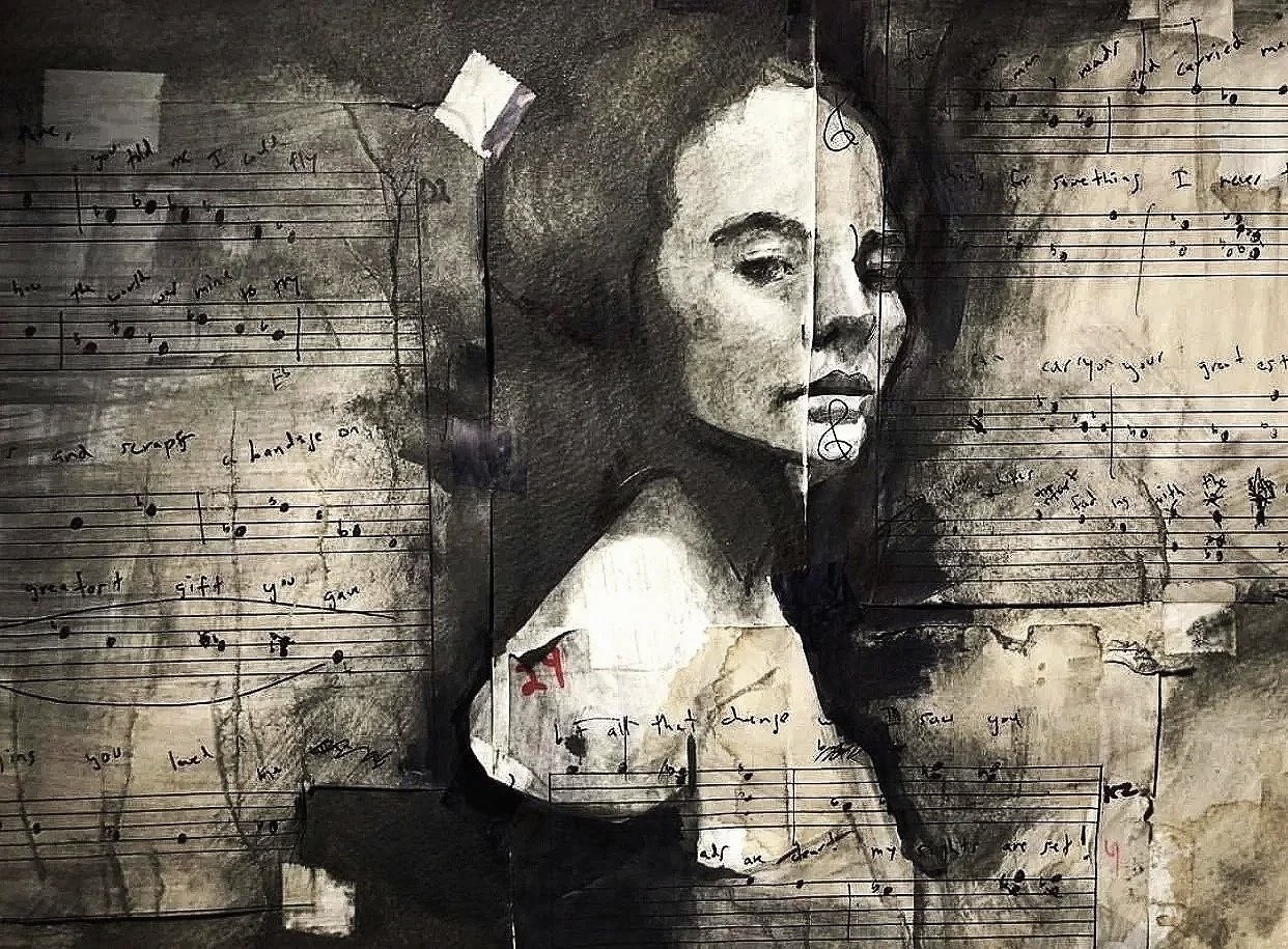 "Notes" came to be when I was given a used watercolor pad that, to my surprise, had arrangements and lyrics taped to several pages. 
With coffee, black ink, a sponge, and a paint brush I added my own touch onto those pages. 