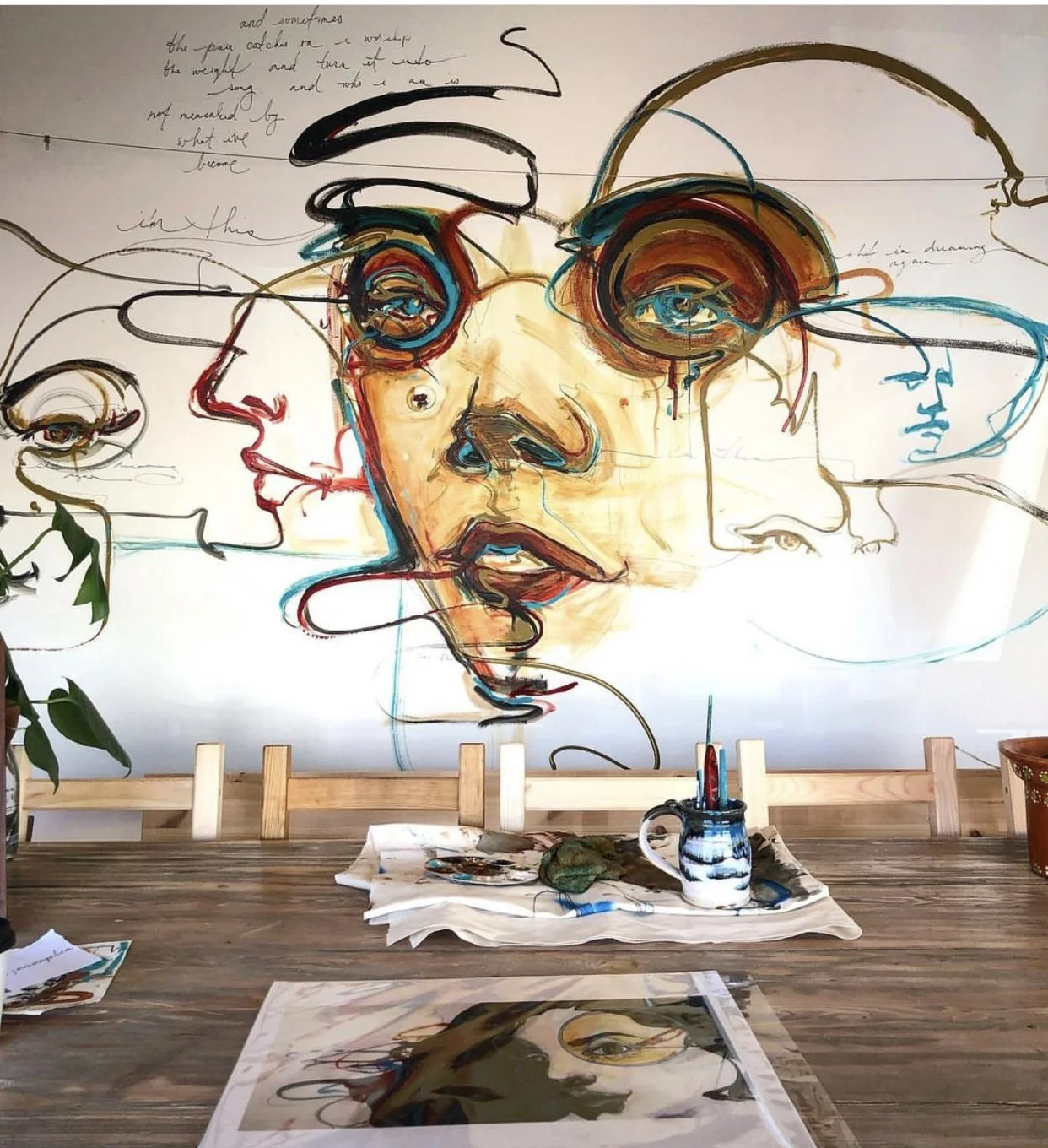 "Nativo Mural"
Days before my first solo show I was mortified at the thought of having to interact with strangers and blabber on about my work. 
Being the shy artist I can be, I decided to paint a mural during the exhibit as a way to keep to myself w