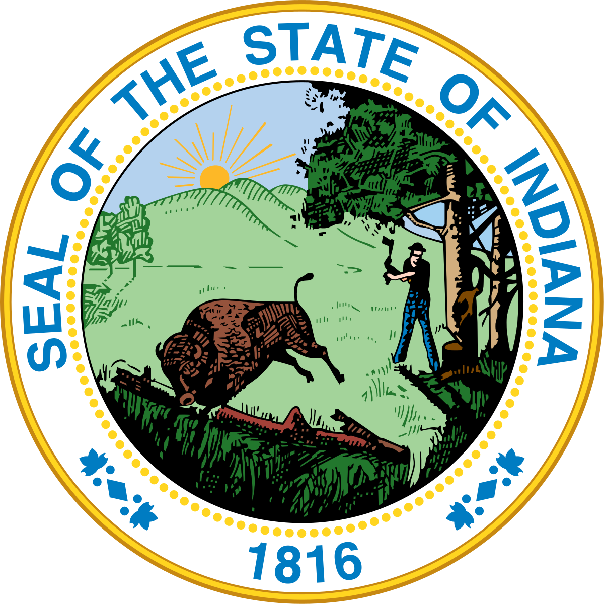Seal of the state of Indiana showing a scene with a man chopping down a tree with an axe in a rural landscape, with mountains and the sun in the background, and the text 'Seal of the State of Indiana 1816' surrounding the scene.