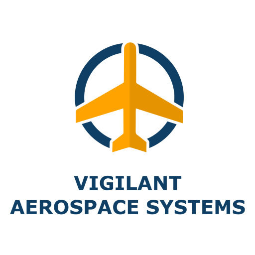 Logo of Vigilant Aerospace Systems featuring a yellow airplane within a blue peace sign circle, with the company name written below.