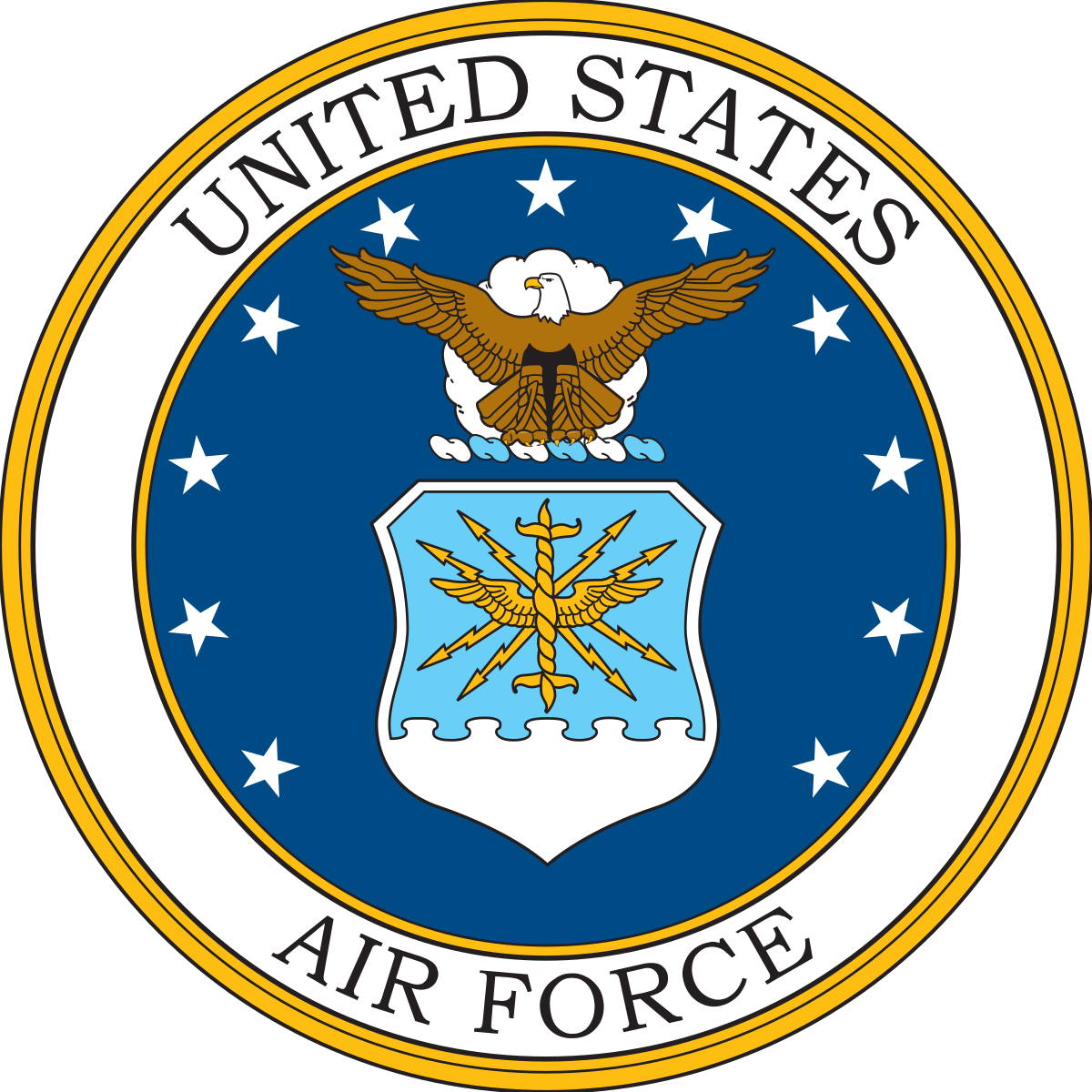 United States Air Force emblem with an eagle in flight, stars, and a shield with a lightning bolt and a caduceus symbol.