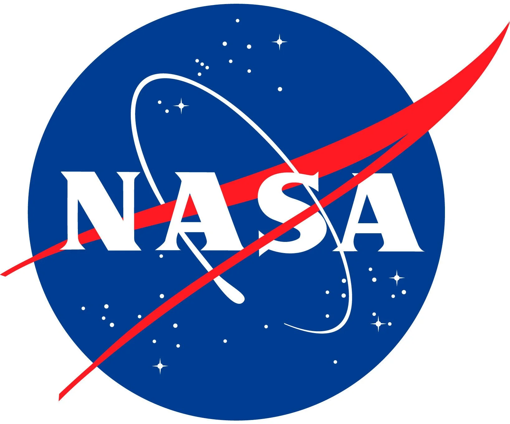 NASA logo featuring a blue circle with white stars, and orbit paths.