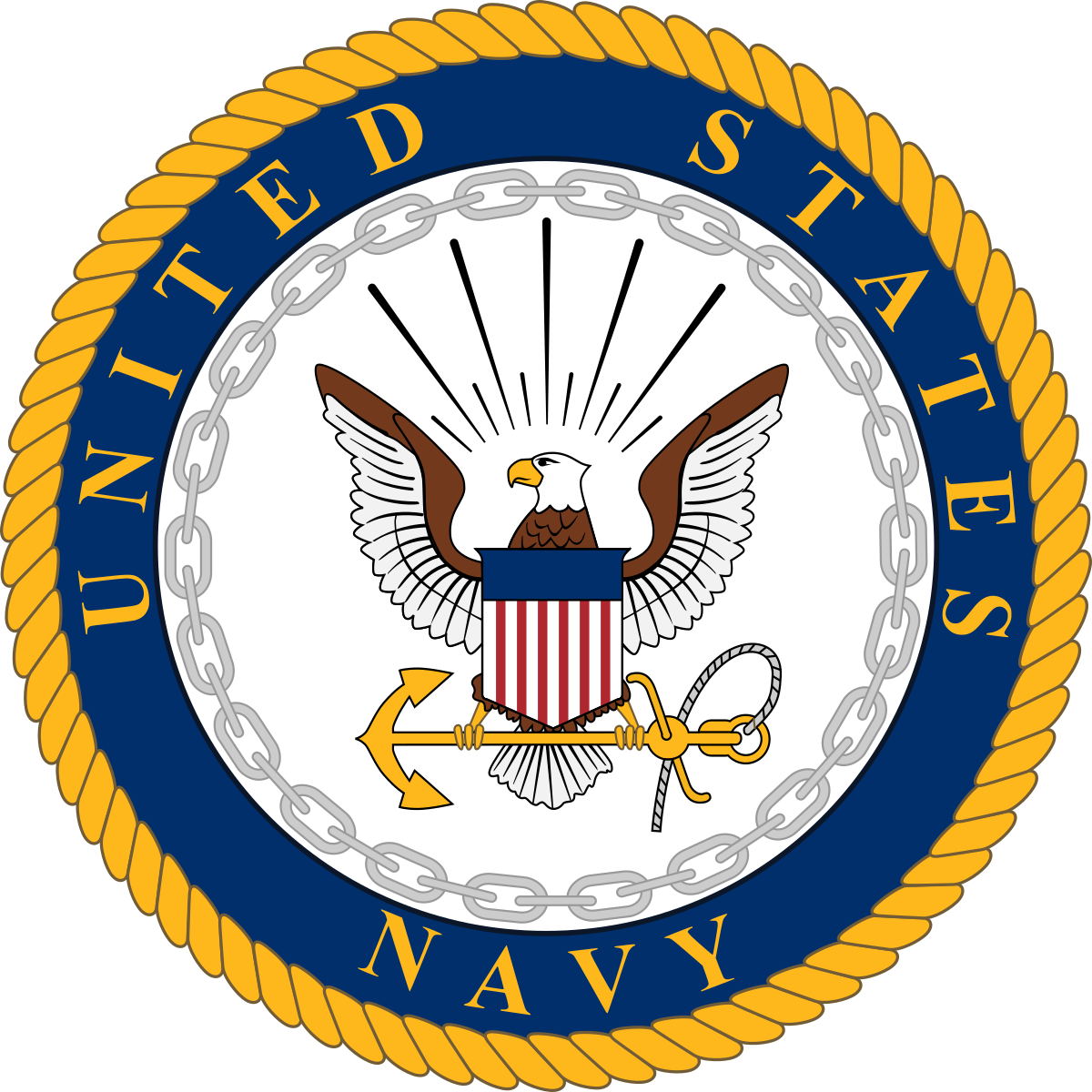 US Navy emblem featuring an eagle holding a shield with red and white stripes, a golden anchor, and a rope border with a blue banner inscribed 'United States Navy'.