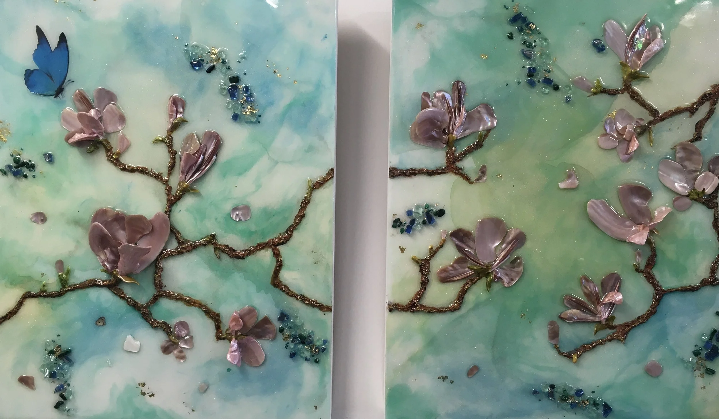 “SPRING RHAPSODY” -
Mixed  Media on a panel board 
with Natural Shells and Crystals -  
Diptych 46 x 37 cm (each) - 

Available 
