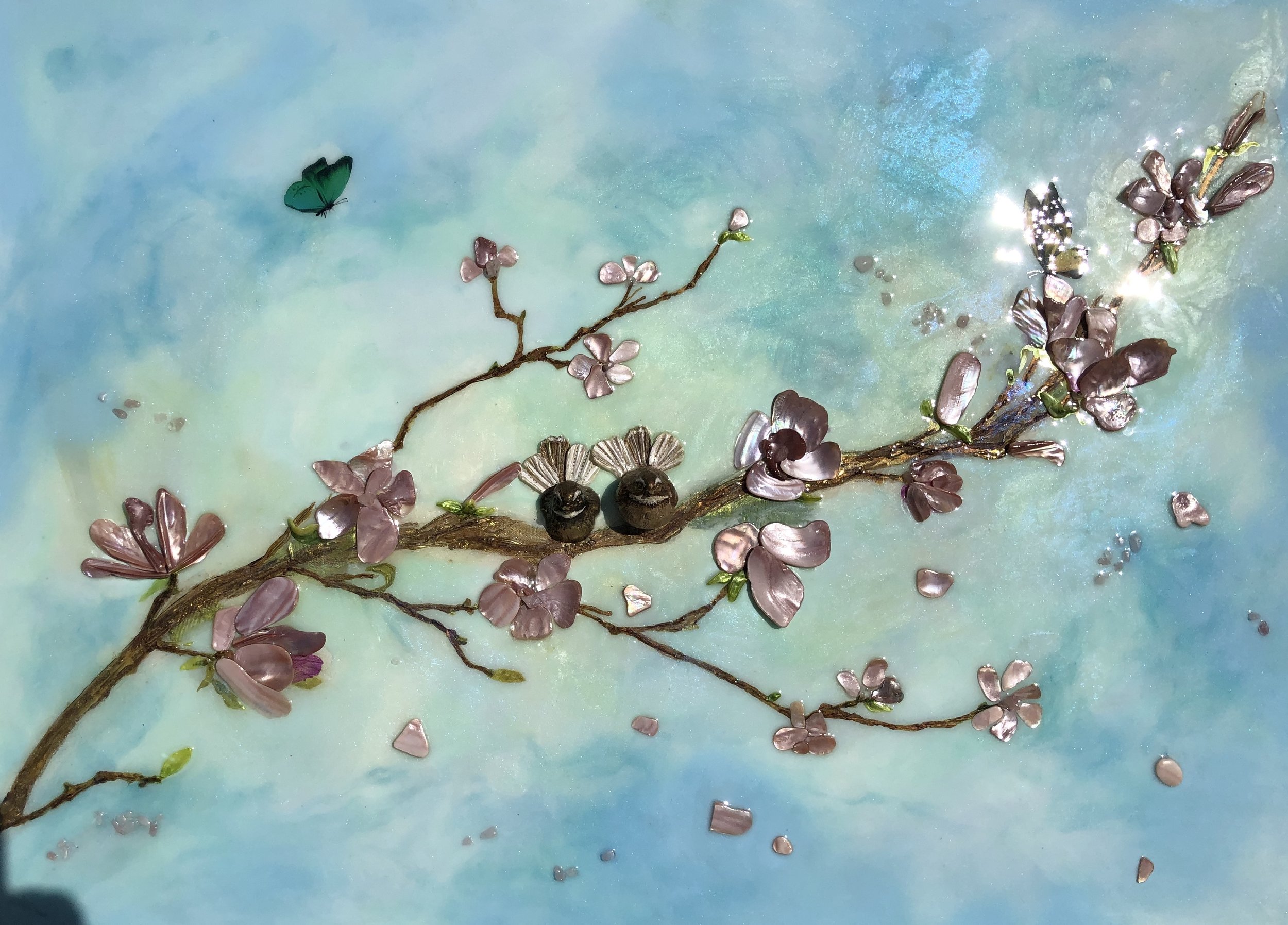“SPRING BREEZE  -“
Mixed Media, Resin Art on wooden board 
with real shells -
100 x 70 cm

