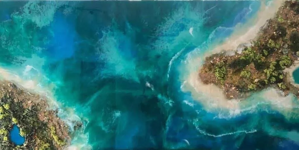 “PATH OF THE TANIWHA” -
Textured Mixed Media on a wooden board -
120 x 60 cm 
