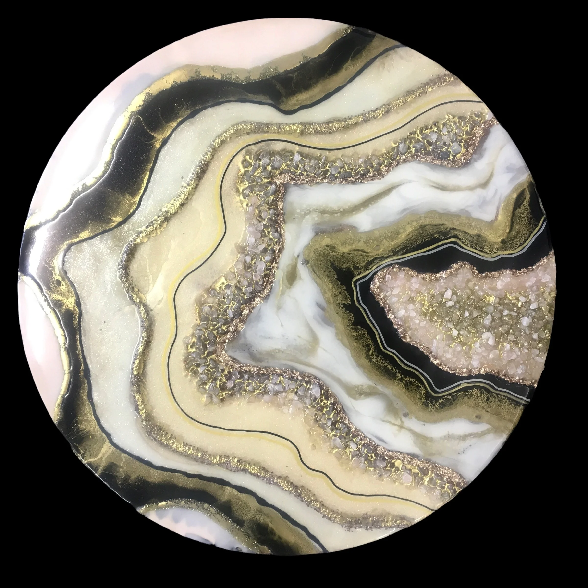 “CLEOPATRAS SECRETS“ -
Mixed Media, Resin Art on wooden board with Natural crystals - 
60cm