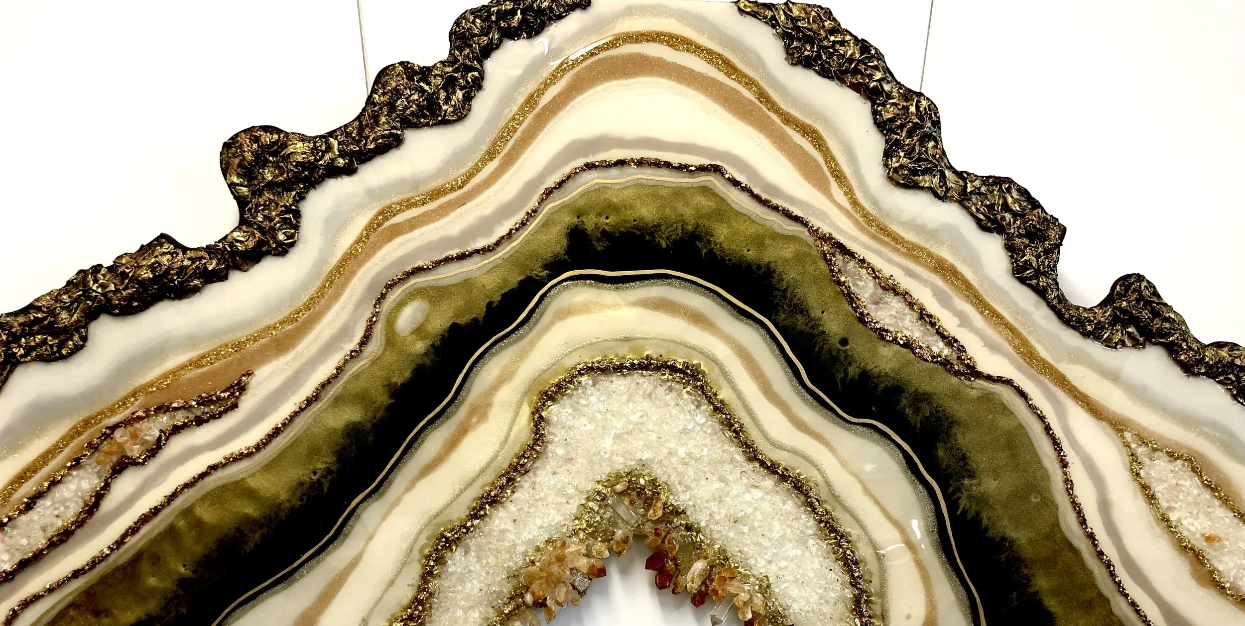 “WAYS TO ABUNDANCE“ -
Mixed Media, Resin Art on a panel boart with Natural Crystals  -
120 x 60 cm
