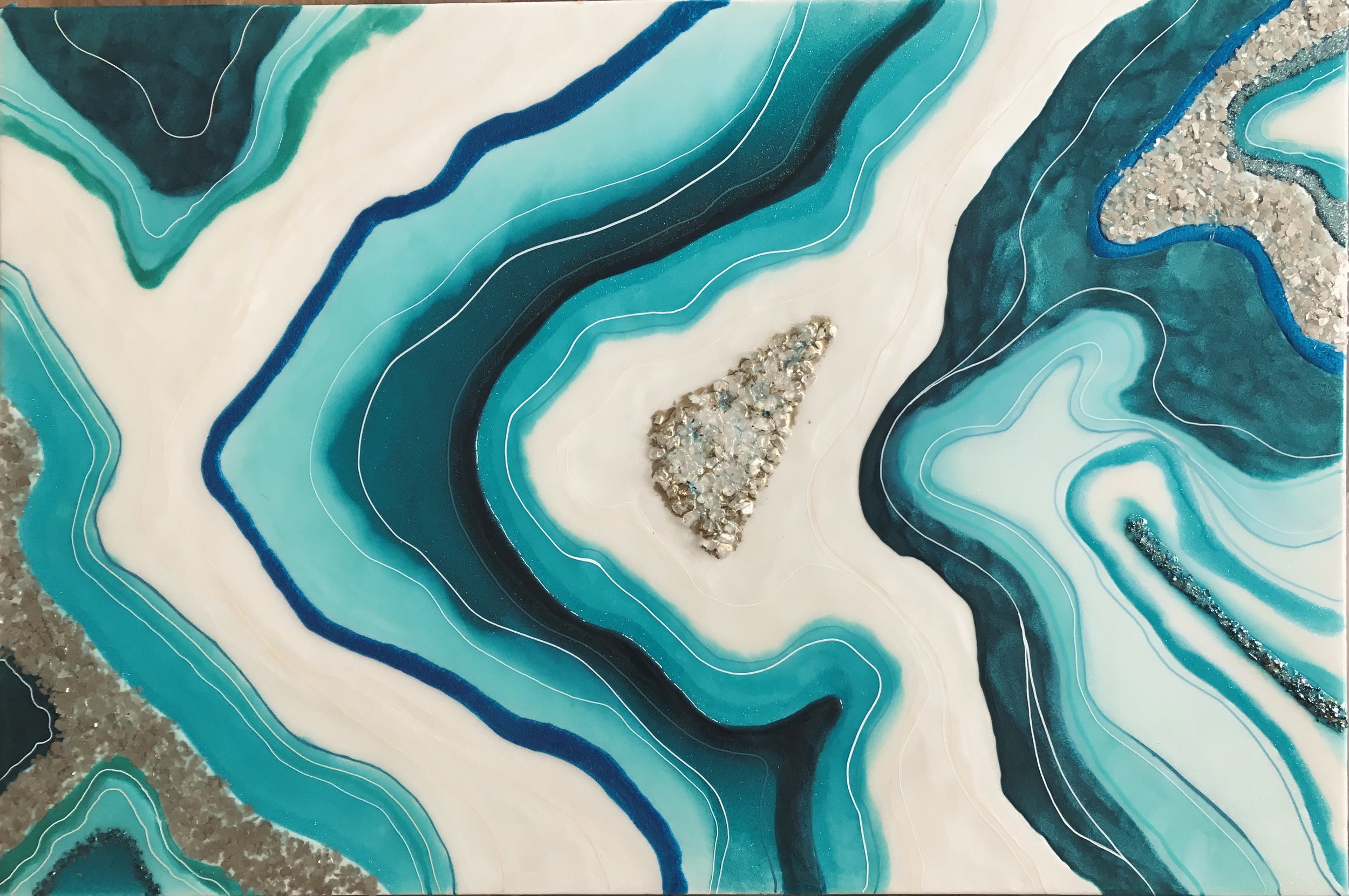 “AZUR CORE” -  
Mixed Media, Resin Art on a wooden board with Natural Crystals  - 
90 x 60 cm -

Available 
