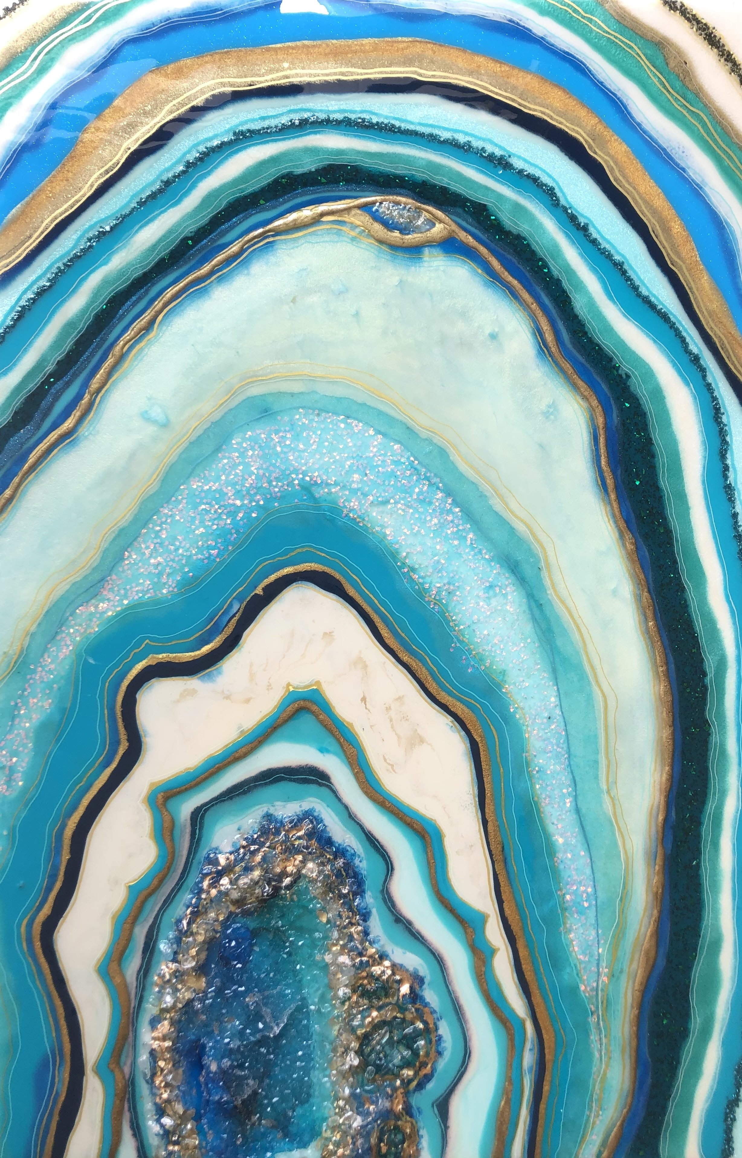 “INNER TIDE” -
Mixed Media, Resin Art on wooden Board with Natural Crystals - 
90 x 60 cm  - 

Available 