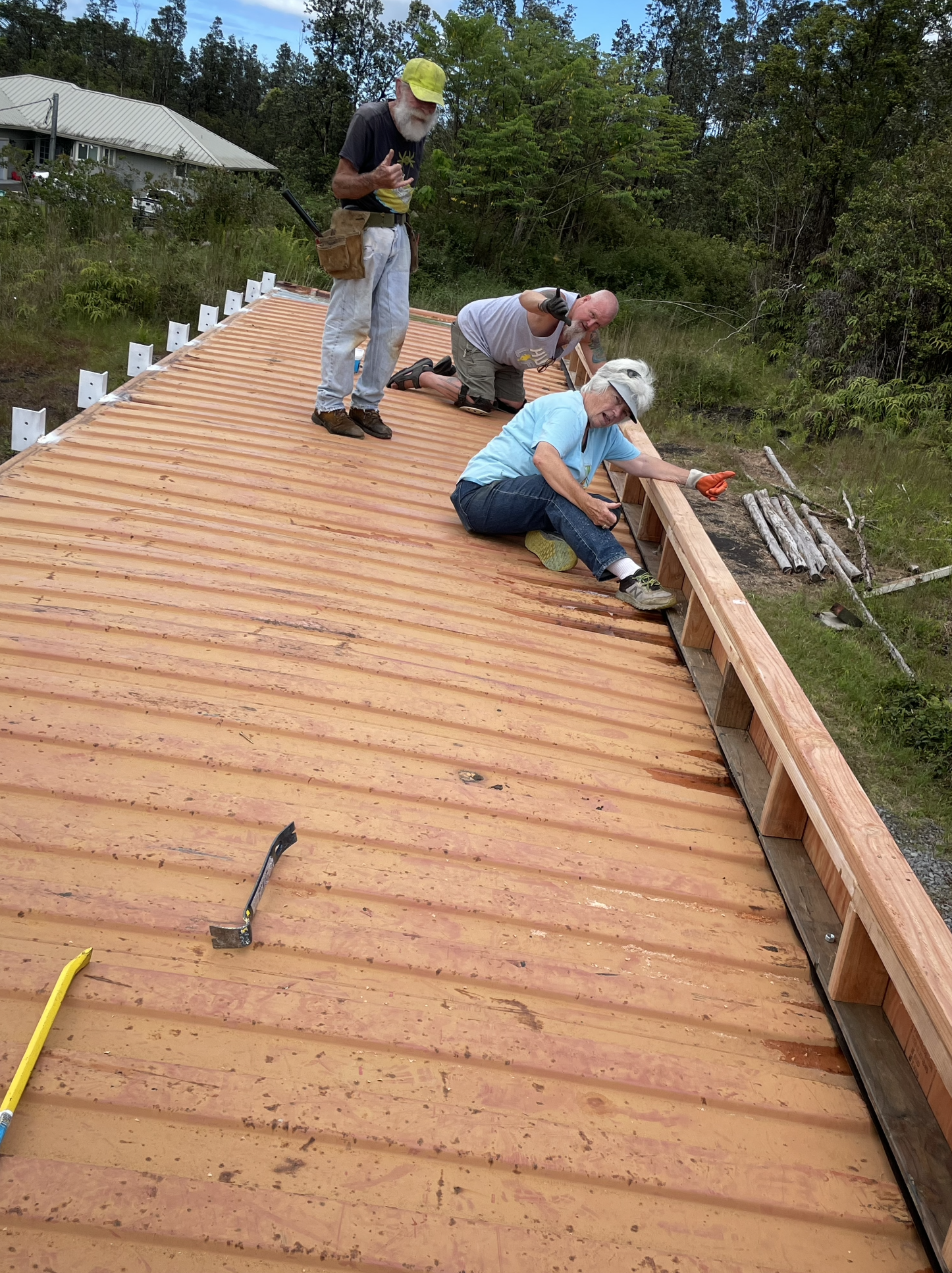 Three people are working on a wooden roof, with one woman kneeling and holding tools, and two men standing, one of whom is giving a thumbs-up. The roof appears to be under construction, surrounded by greenery and trees.