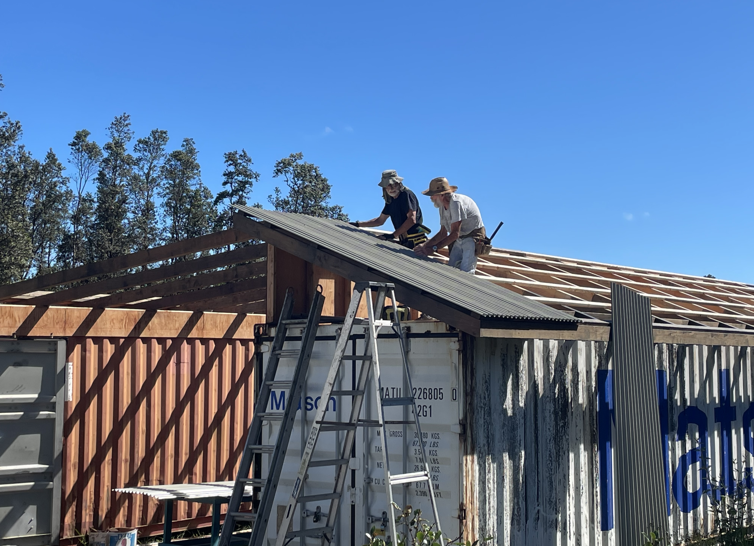 Two construction workers installing a metal roof on a building, using ladders and wearing hats and gloves, against a bright blue sky with trees in the background.