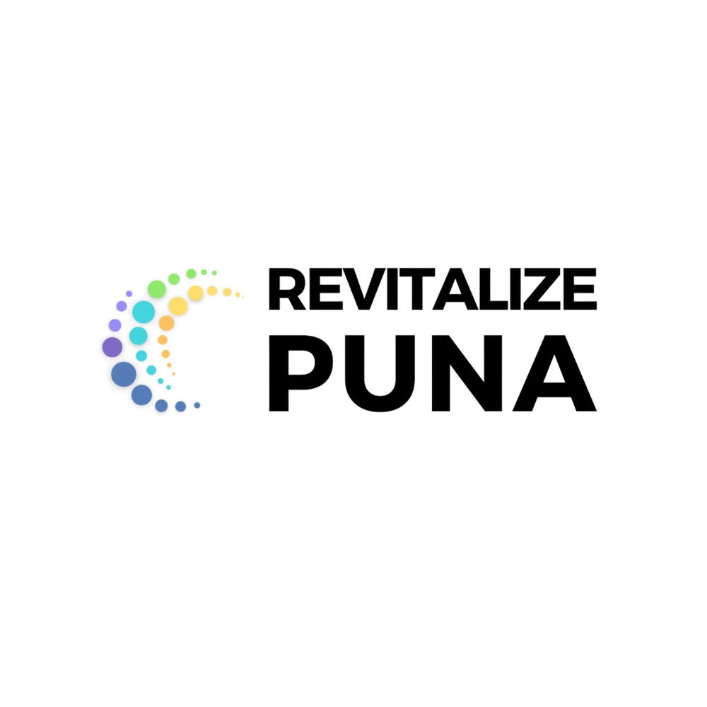 Logo with colorful dotted crescent shape and the words "Revitalize PUNA" in bold black text.