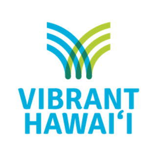 Vibrant Hawaii logo with stylized green and blue waves and the text 'VIBRANT HAWAII' below in bold blue letters.