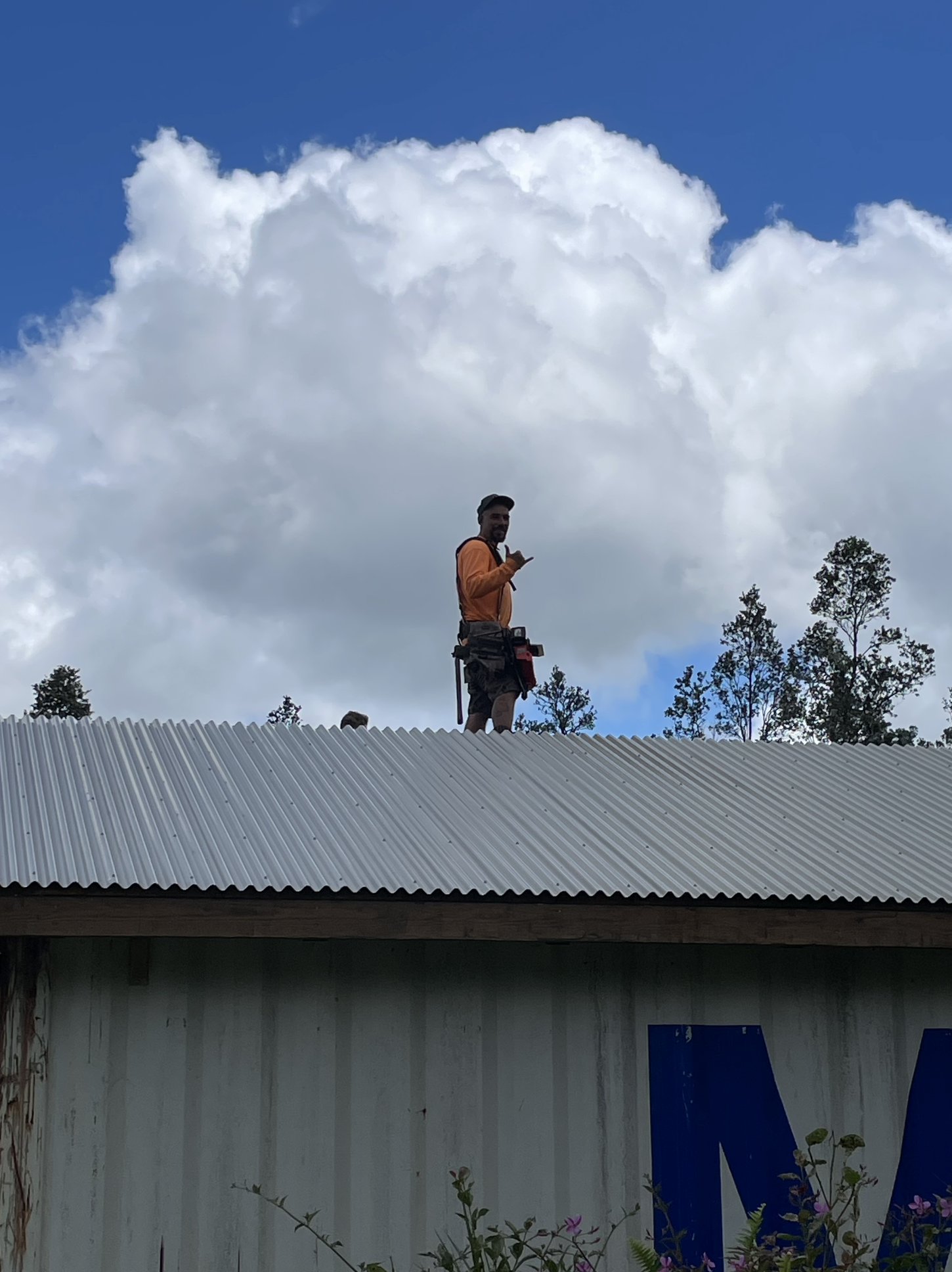 A person in an orange jacket and cap standing on a corrugated metal roof with trees and a large cloud in the background.