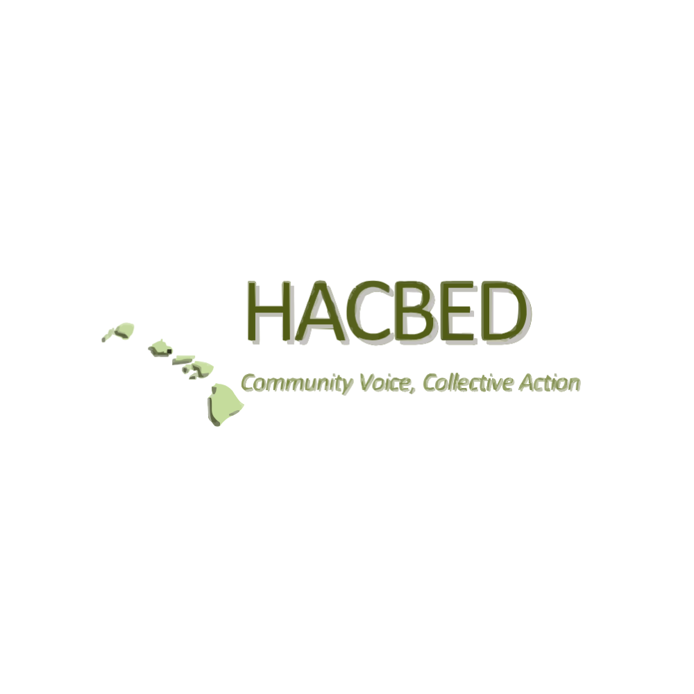 Logo for HACBED with a map of Hawaii and the tagline 'Community Voice, Collective Action' in green text.