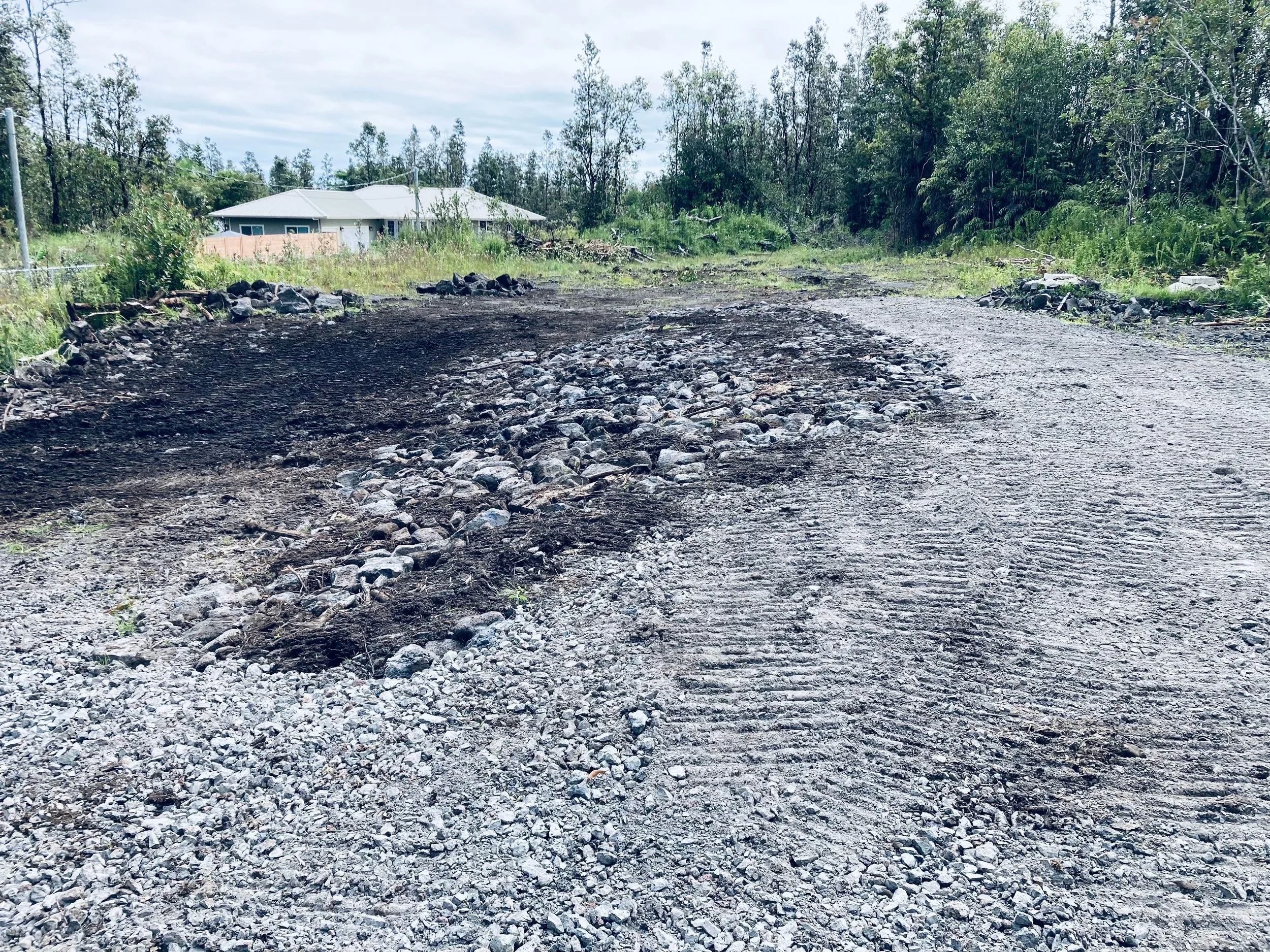 A dirt road with rocks and dirt on it in a rural area, with green trees and bushes on either side and a house with a white roof and light-colored walls in the distance under a cloudy sky.