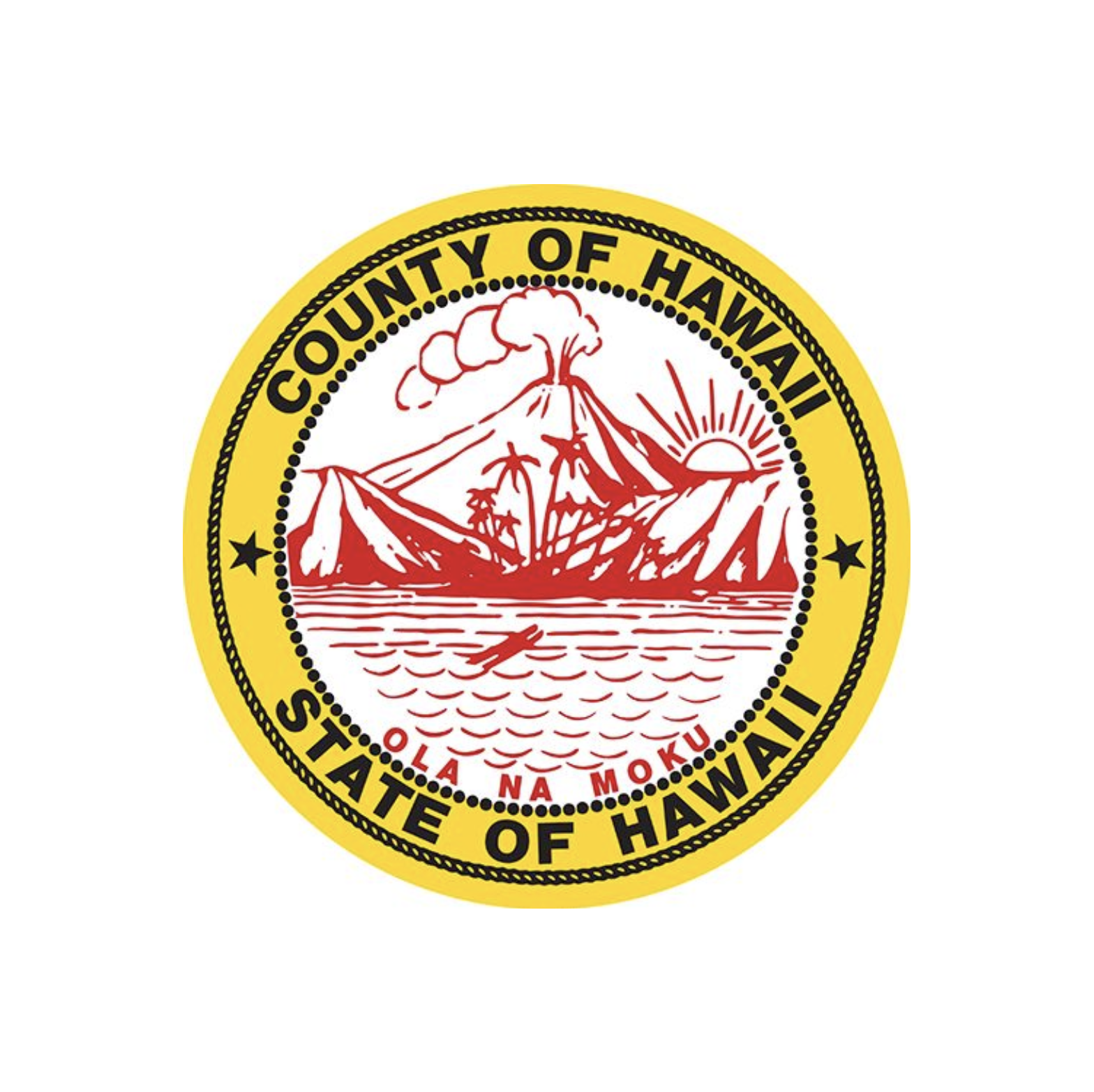 Seal of the County of Hawaii featuring a red illustration of a volcano erupting, with a rising sun and ocean waves, and black and yellow border text reading 'County of Hawaii State of Hawaii'.