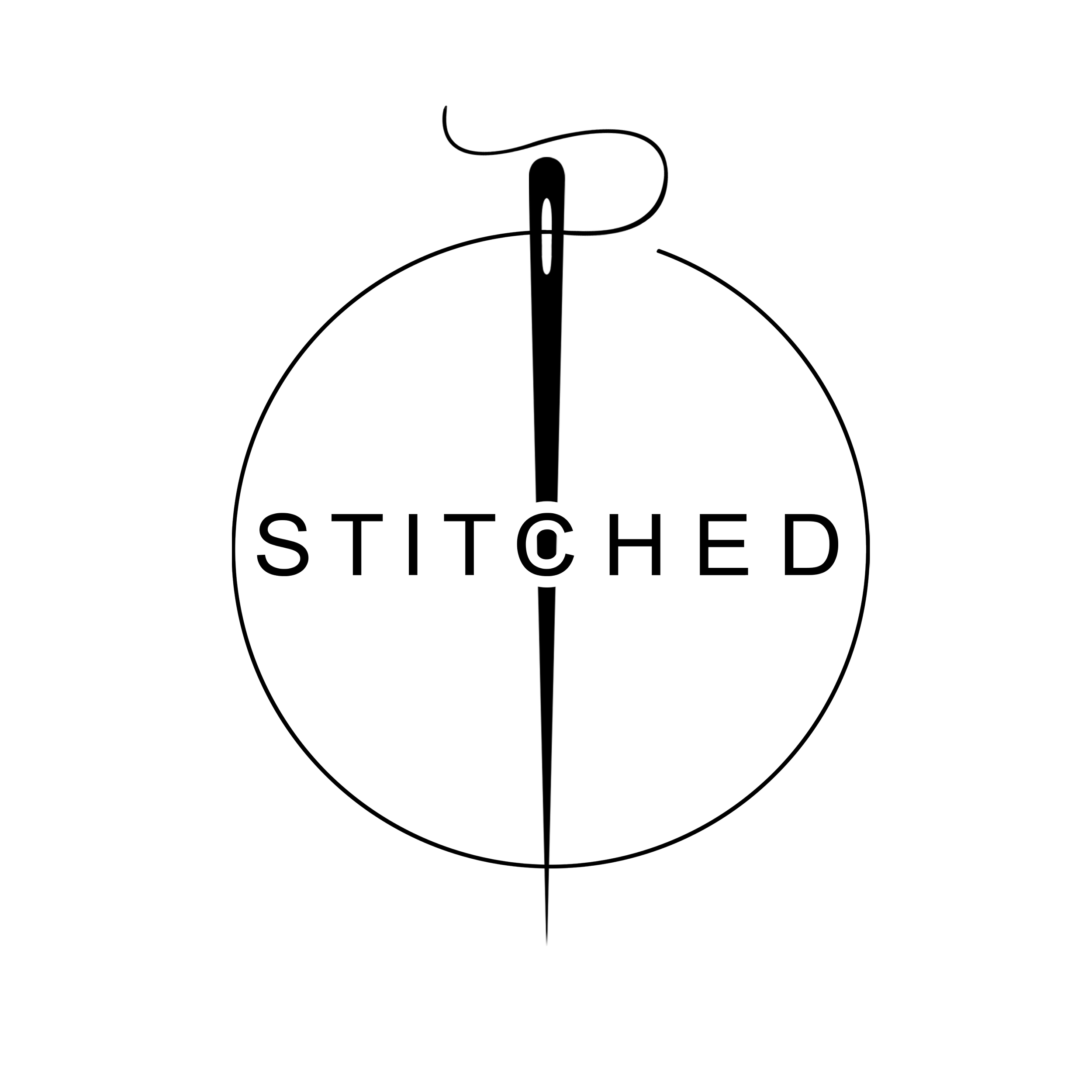 Black circular emblem with the word 'STITCHED' inside and a sewing needle above it.