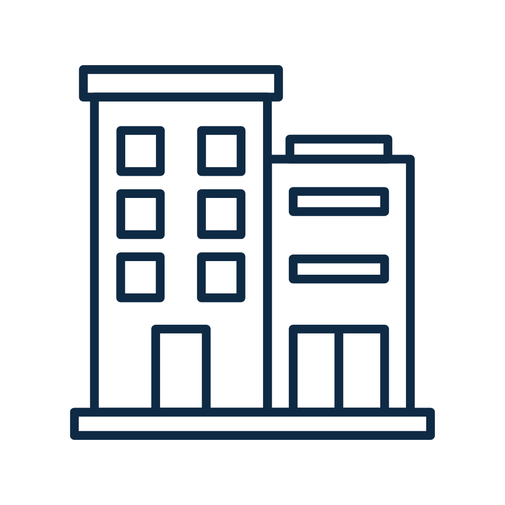 Outline of two adjacent multi-story buildings, one taller with five windows and one shorter with three windows and two ground-level openings.