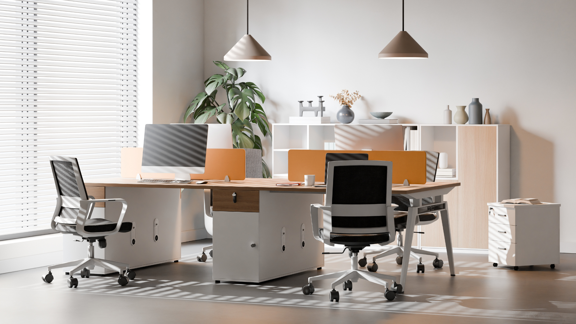 Modern office conference room with a large wooden table, black and gray chairs, a white storage unit with vases, books, and decorative objects, large window with blinds, and two pendant lights hanging from the ceiling.