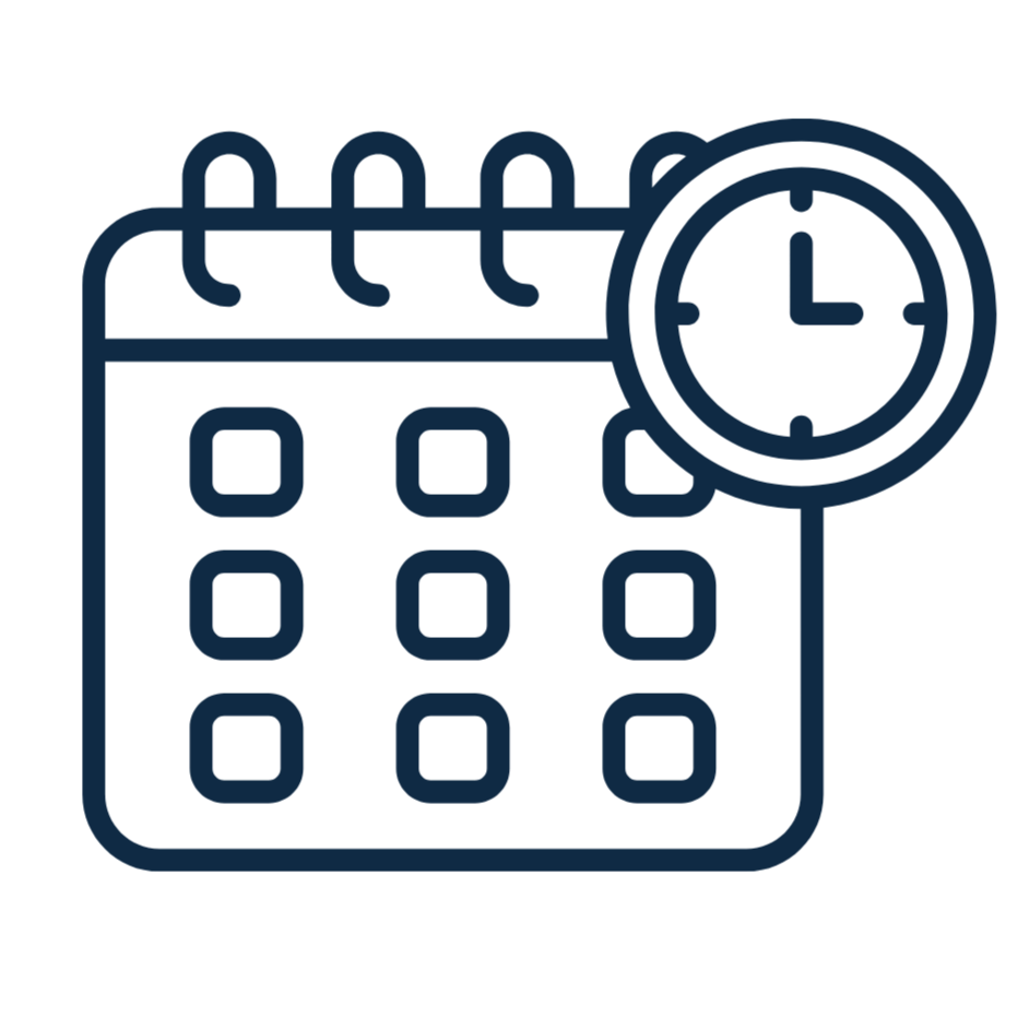 Calendar with a clock showing 3 o'clock in the top right corner.