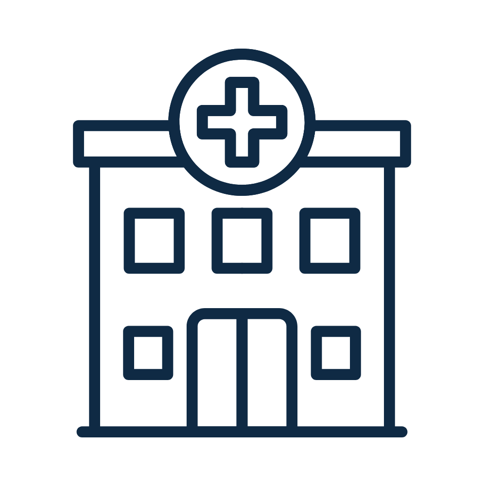 Hospital building icon with a cross symbol at the top center.