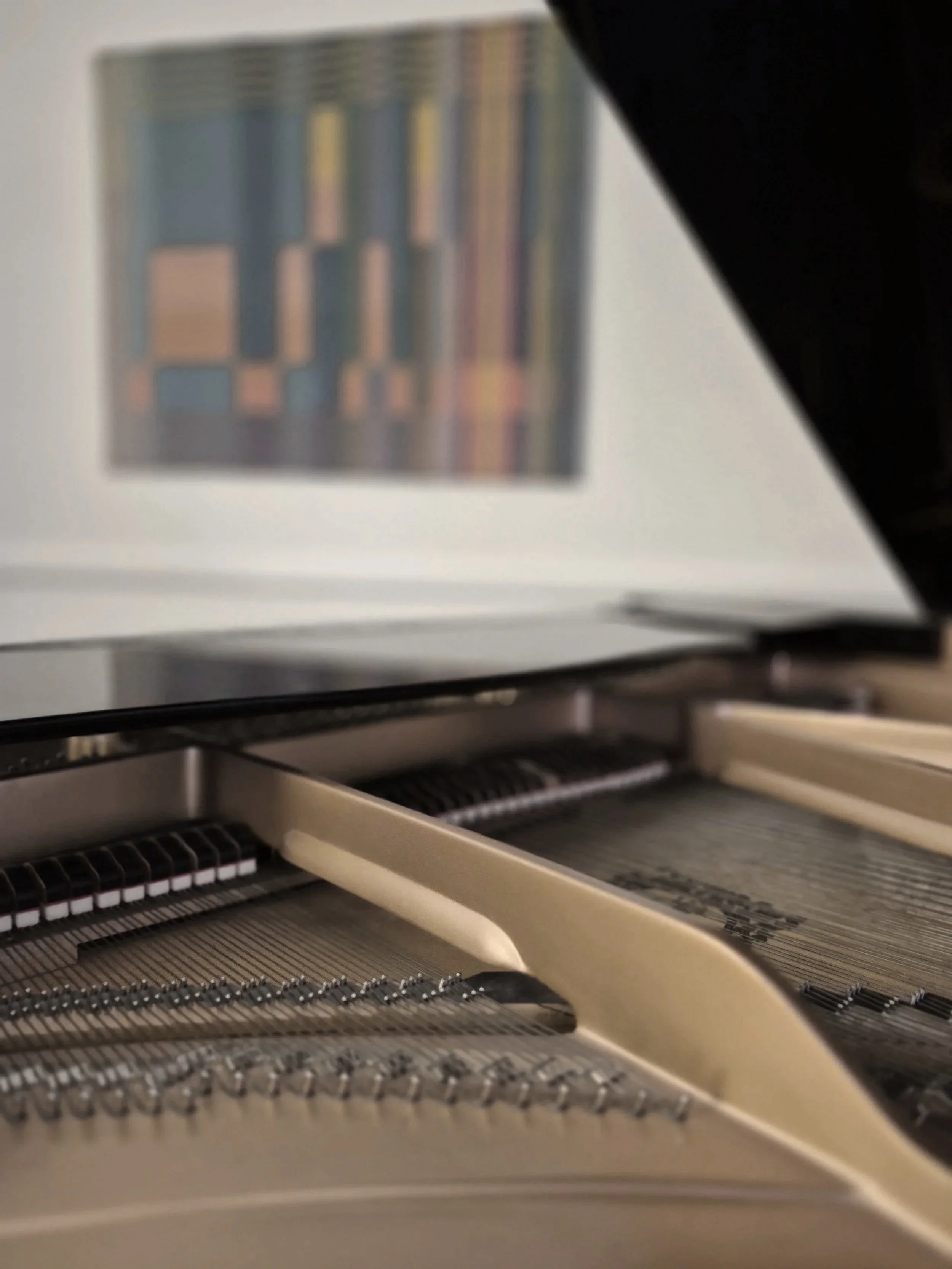 Close-up of an open grand piano showing its strings, hammers, and internal components.