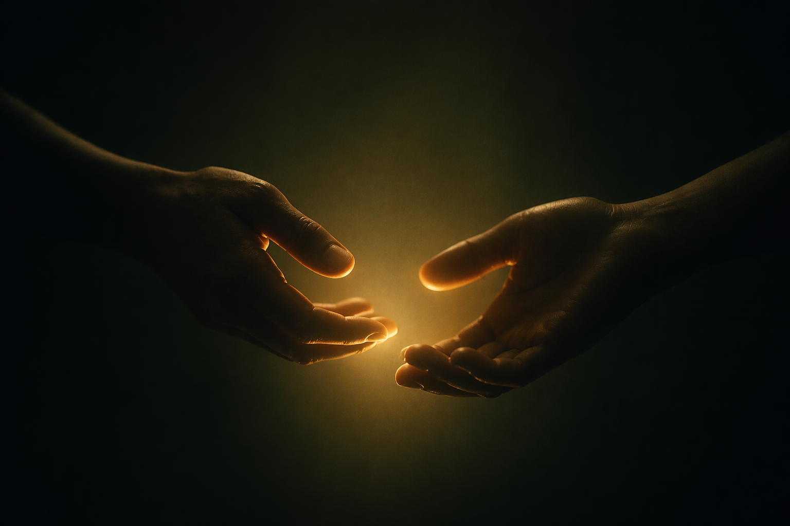Two hands reaching towards each other with a glowing light in the background.