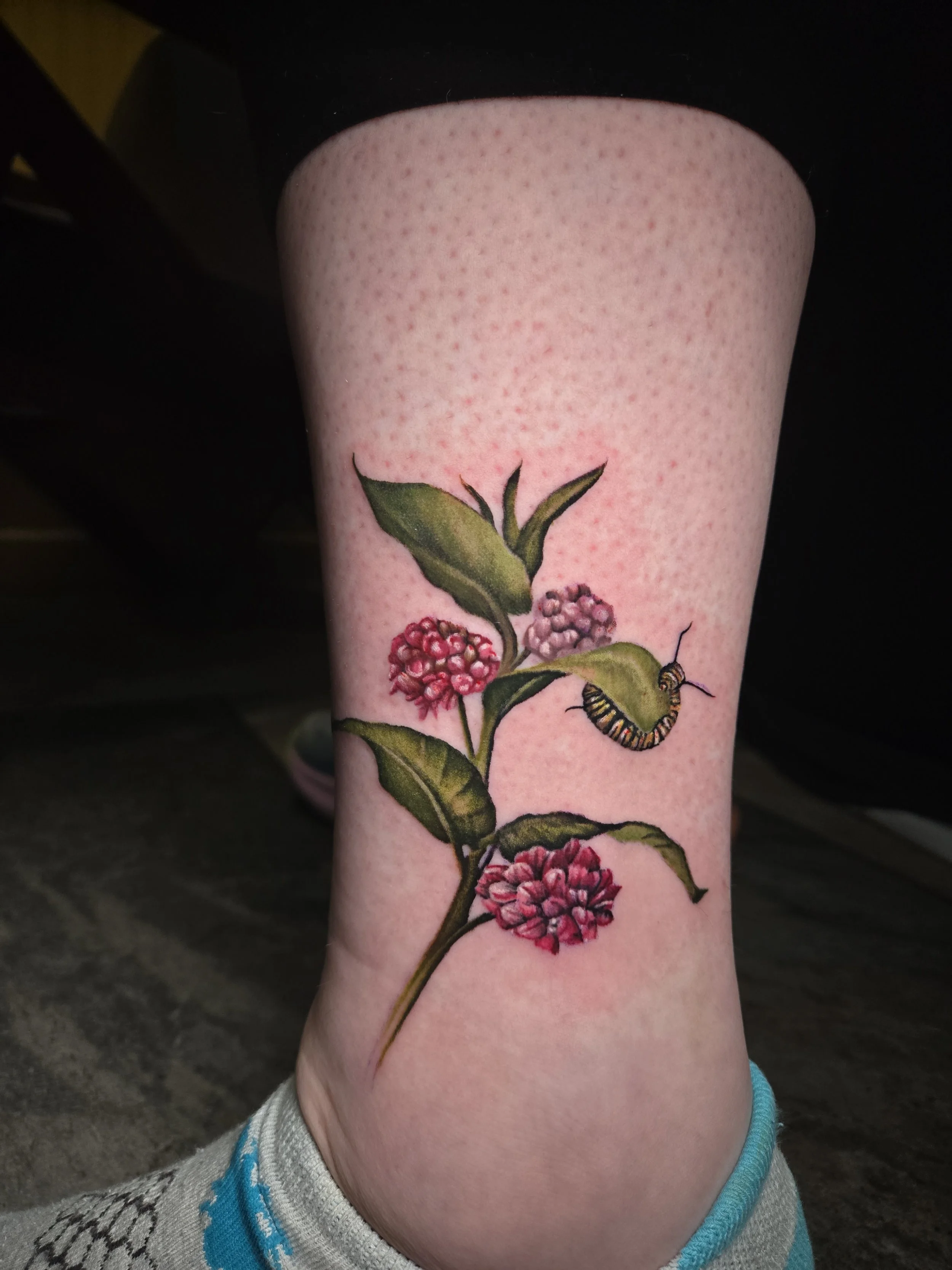 Tattoo of a flowering plant with pink blossoms and green leaves with a caterpillar on a person’s ankle