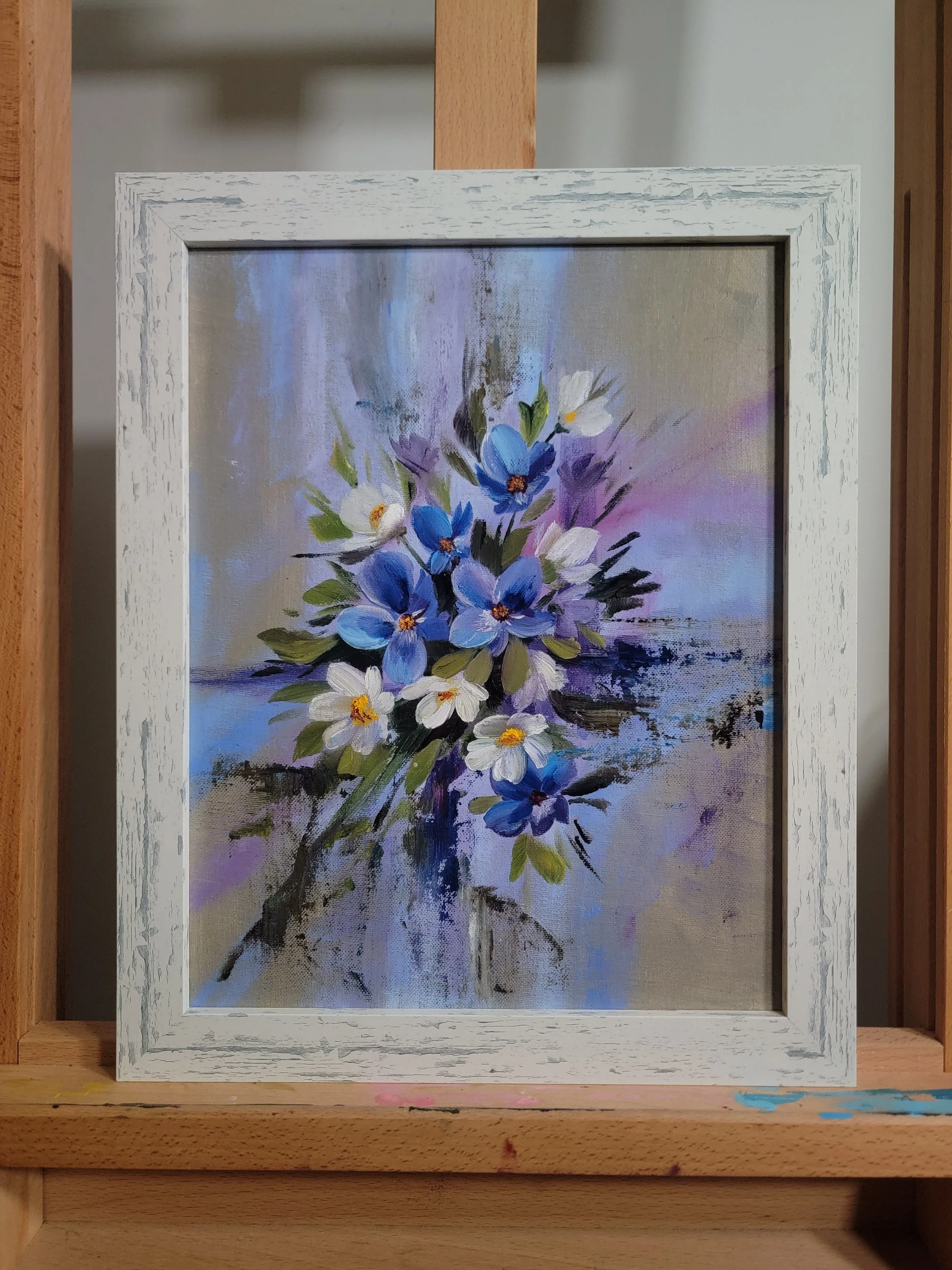 White and Blue Floral Painting