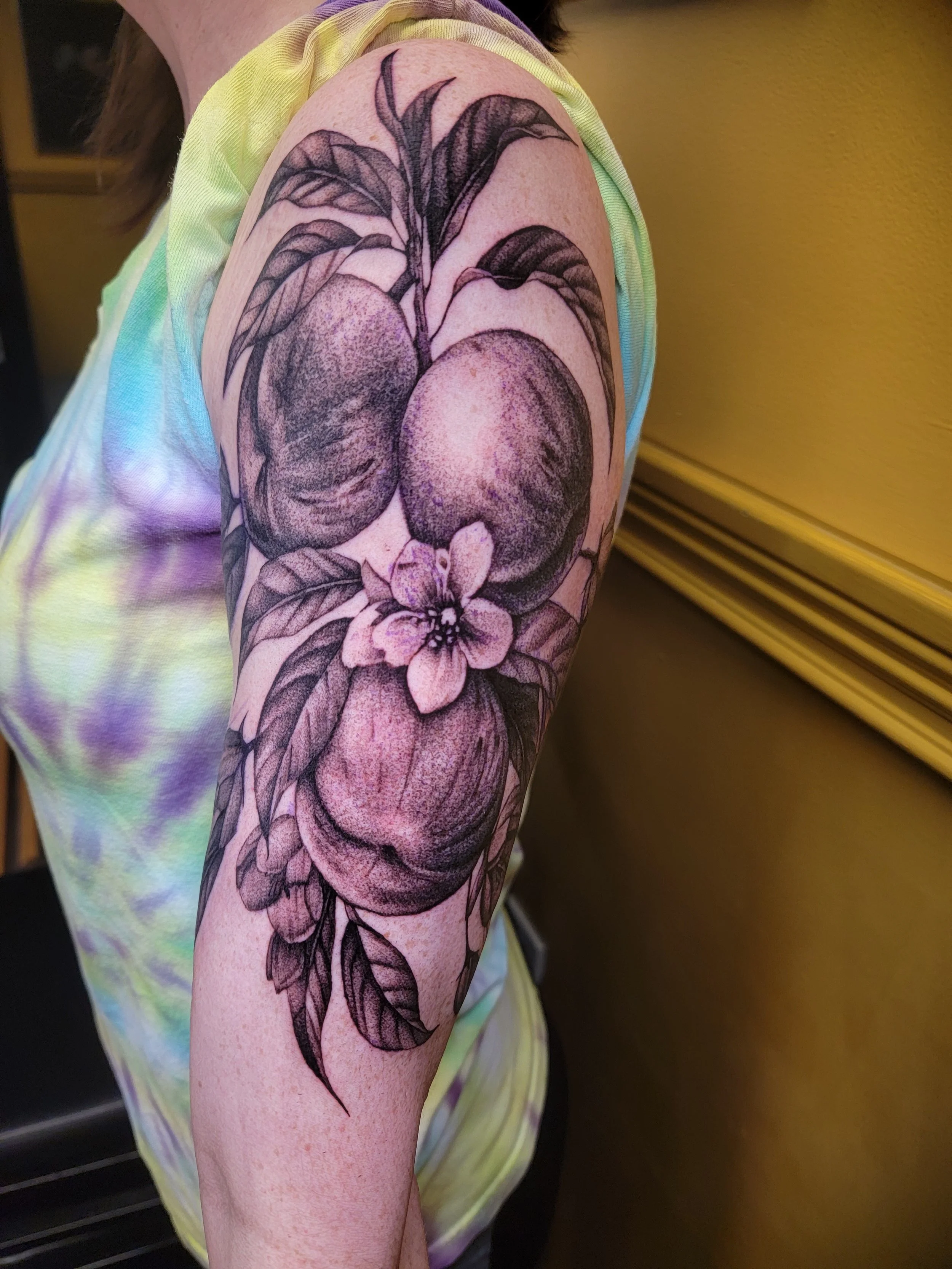A detailed black and gray tattoo of peaches, leaves, and a flower on a person's upper arm.