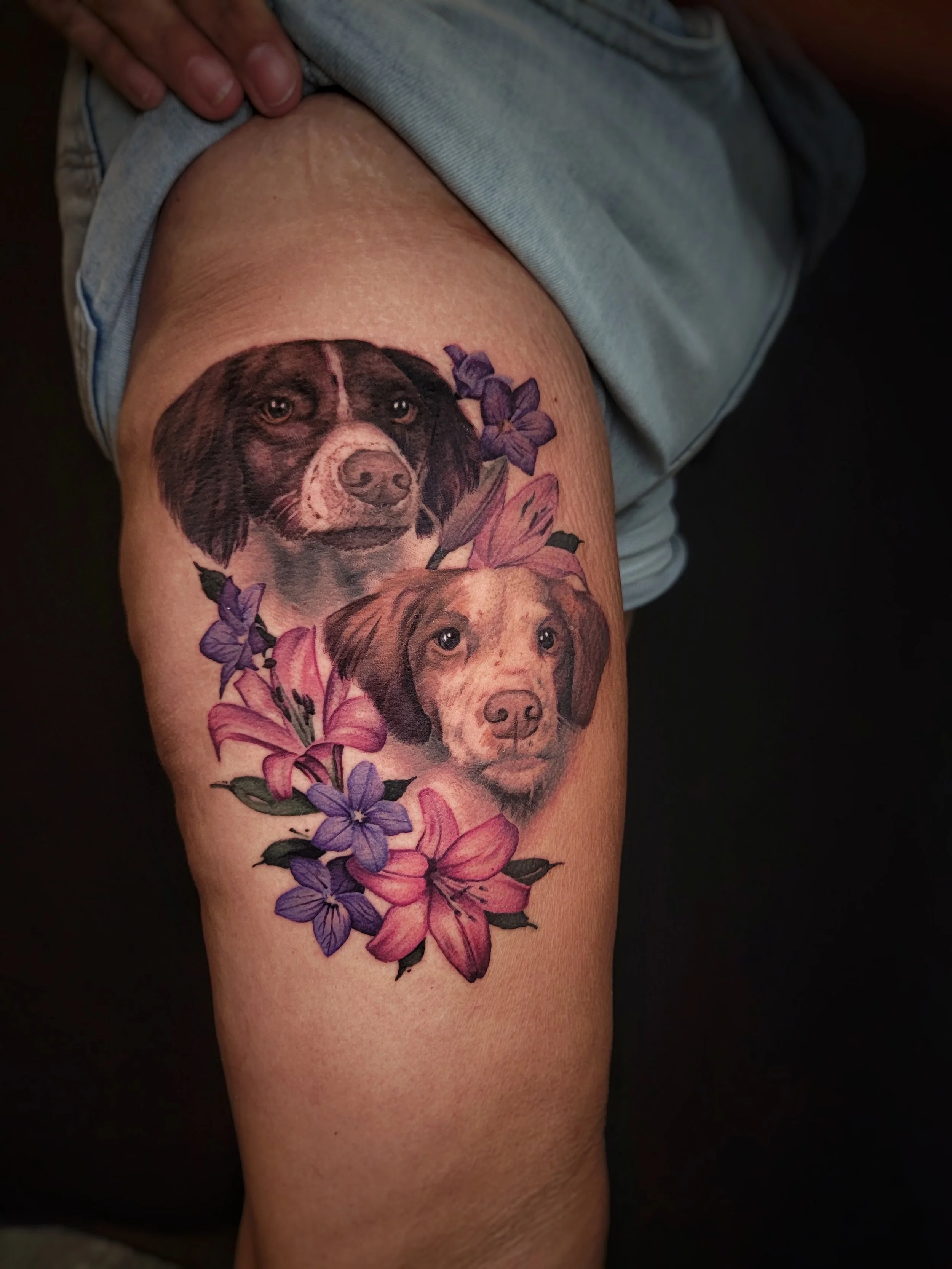 A tattoo of two realistic dogs surrounded by purple and pink flowers on a person's upper thigh.