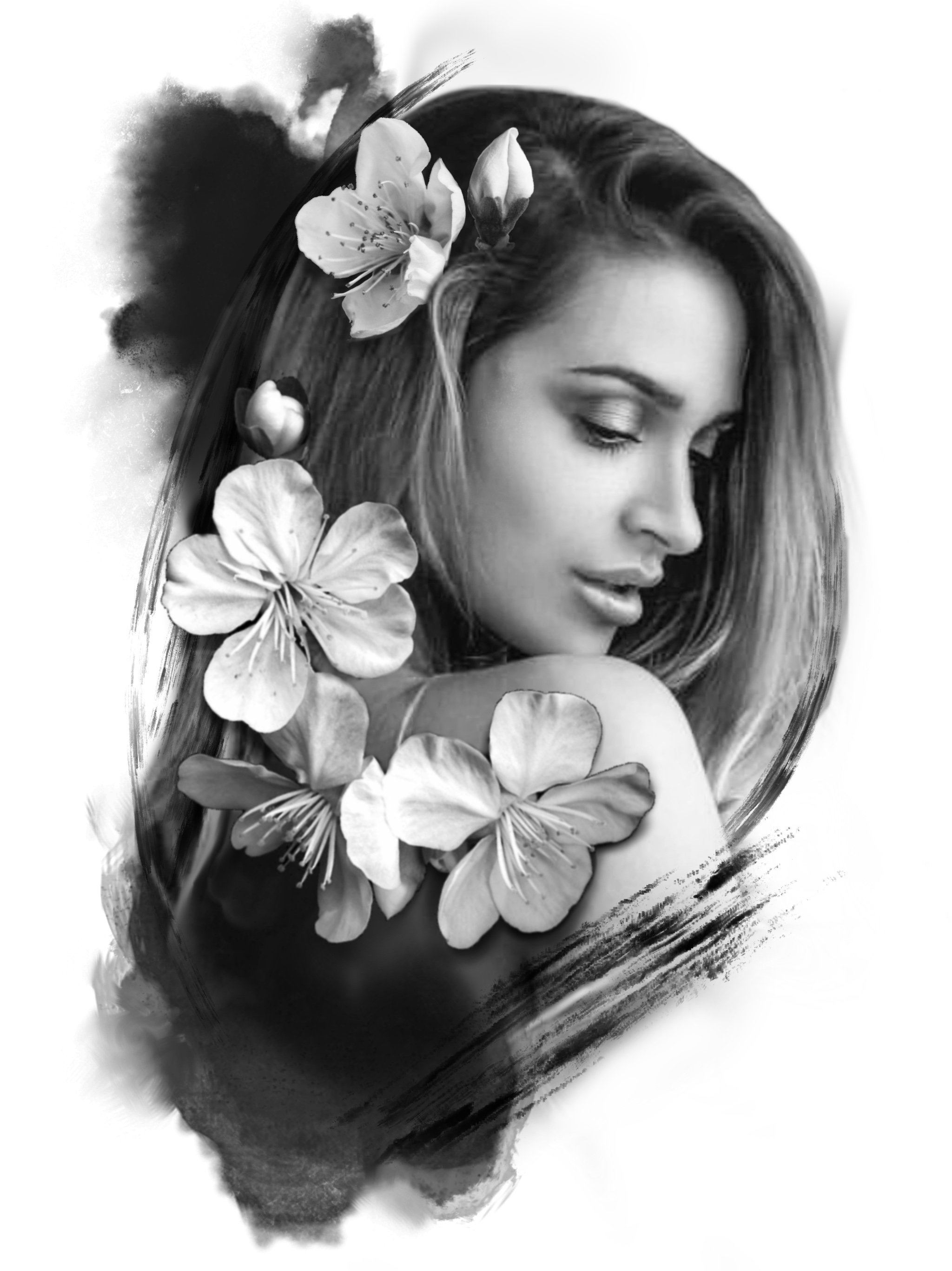 Black and white artistic photo of a woman with flowers in her hair, closed eyes, and soft expression, surrounded by watercolor-style brush strokes.
