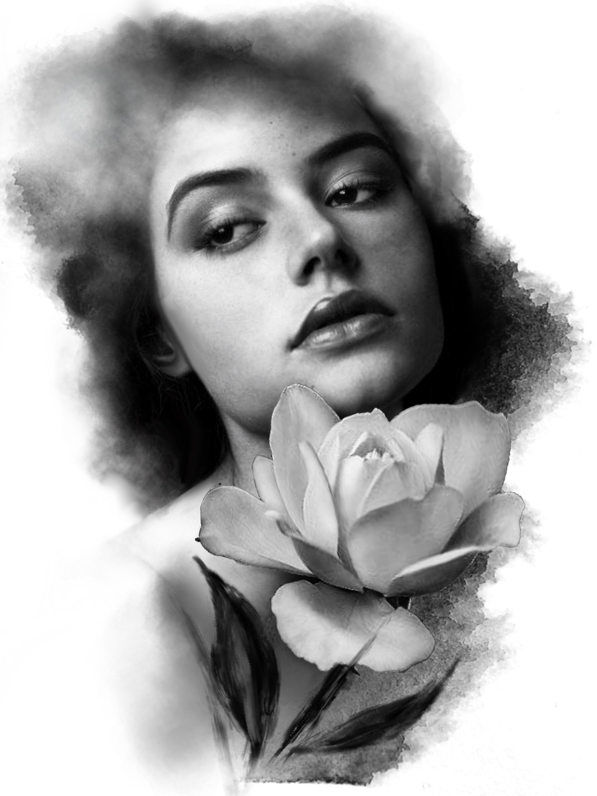 Black and white watercolor-style portrait of a woman with styled hair, positioned behind a large flower, possibly a rose, with soft blurred edges.