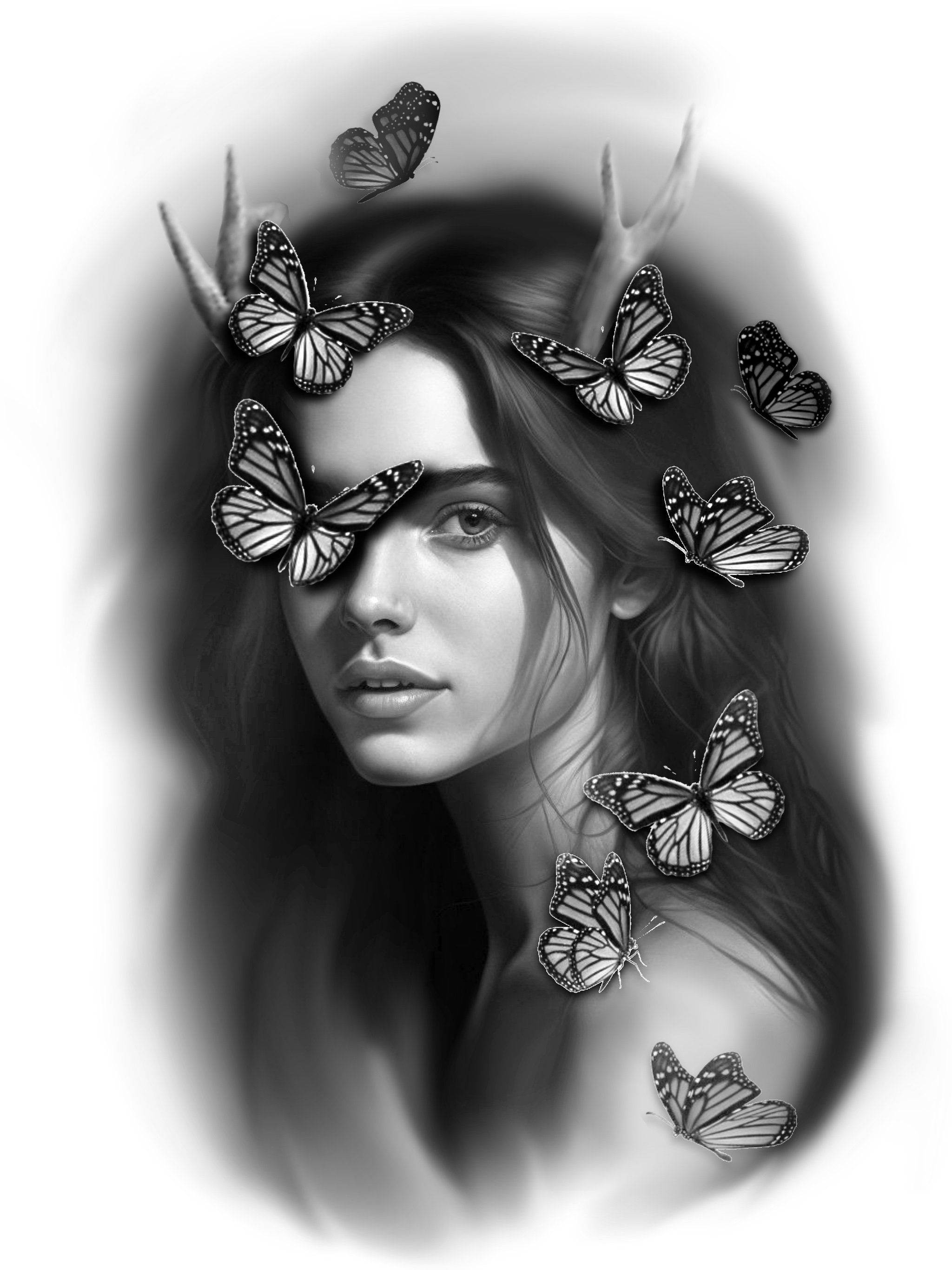 Black and white photo of a woman with wavy hair, with butterfly illustrations flying around her head.