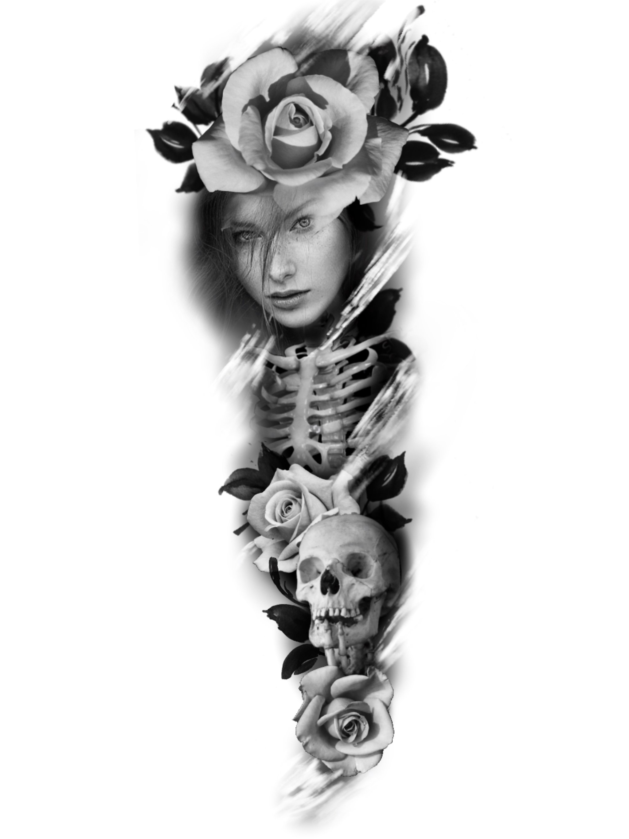 A vertical black and white collage featuring a human face with intense eyes, surrounded by roses, a skeletal structure, and a skull, blending elements of beauty and death.