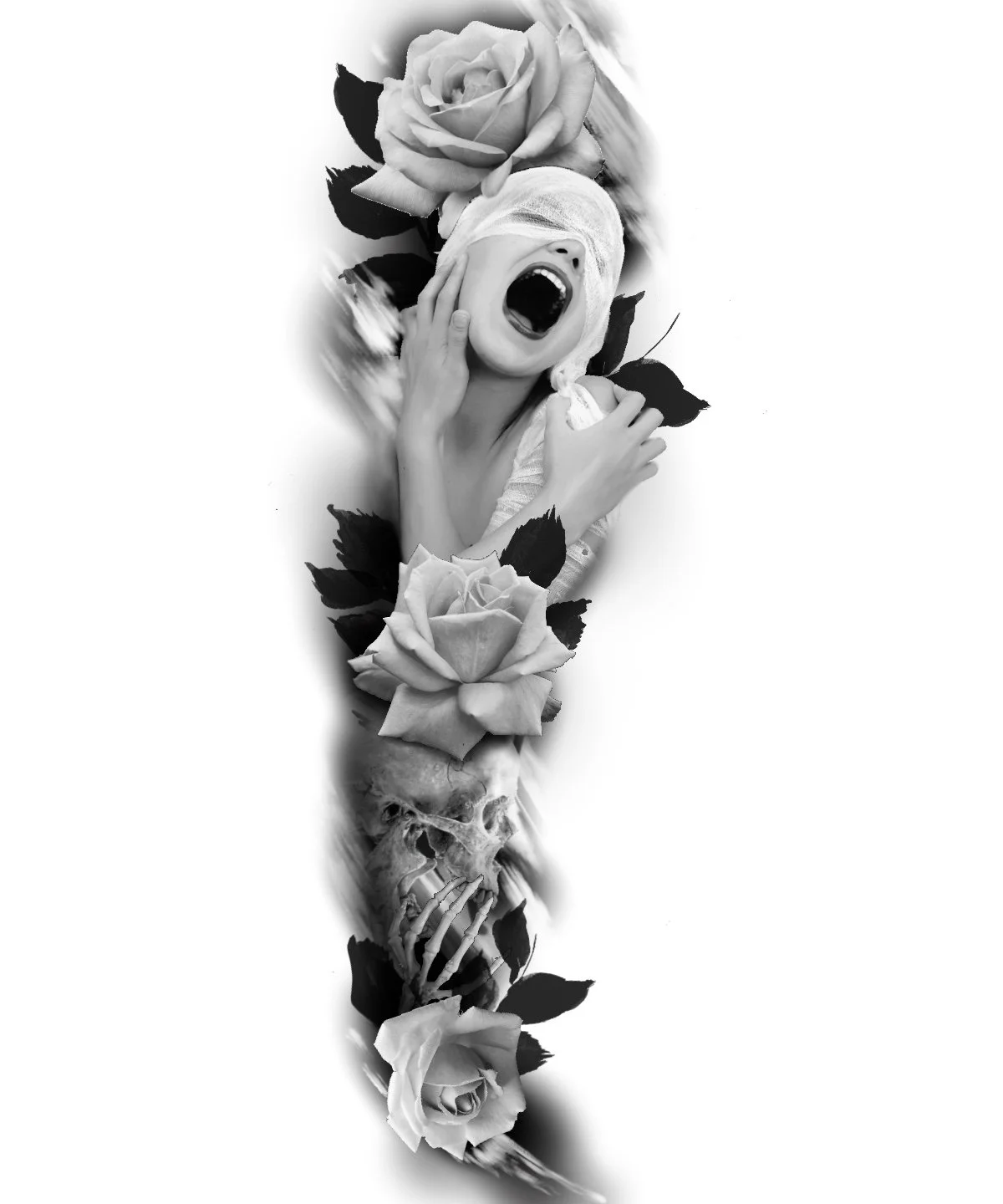 Black and white collage featuring a woman with a blindfold, screaming, surrounded by roses and a skull, creating a dramatic, artistic composition.