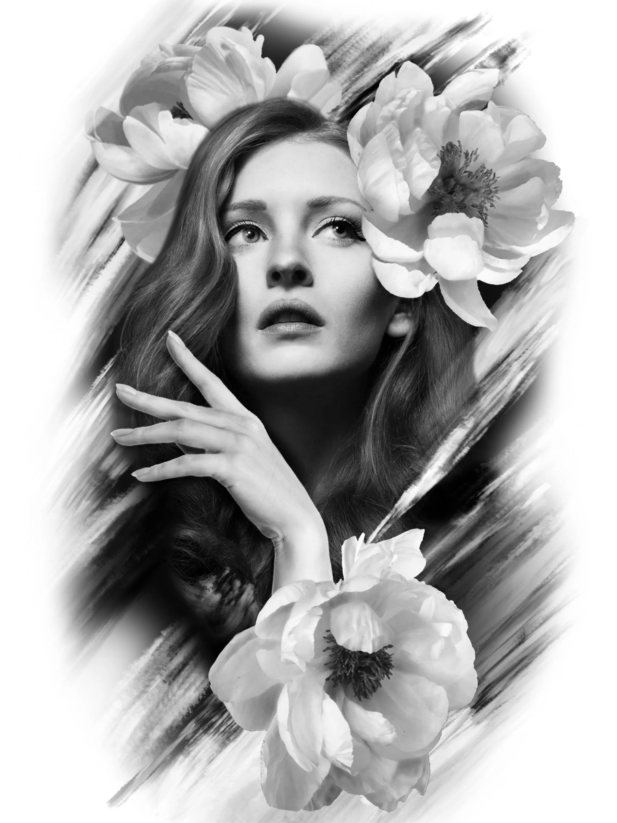 Black and white portrait of a woman with long wavy hair, surrounded by large flowers.