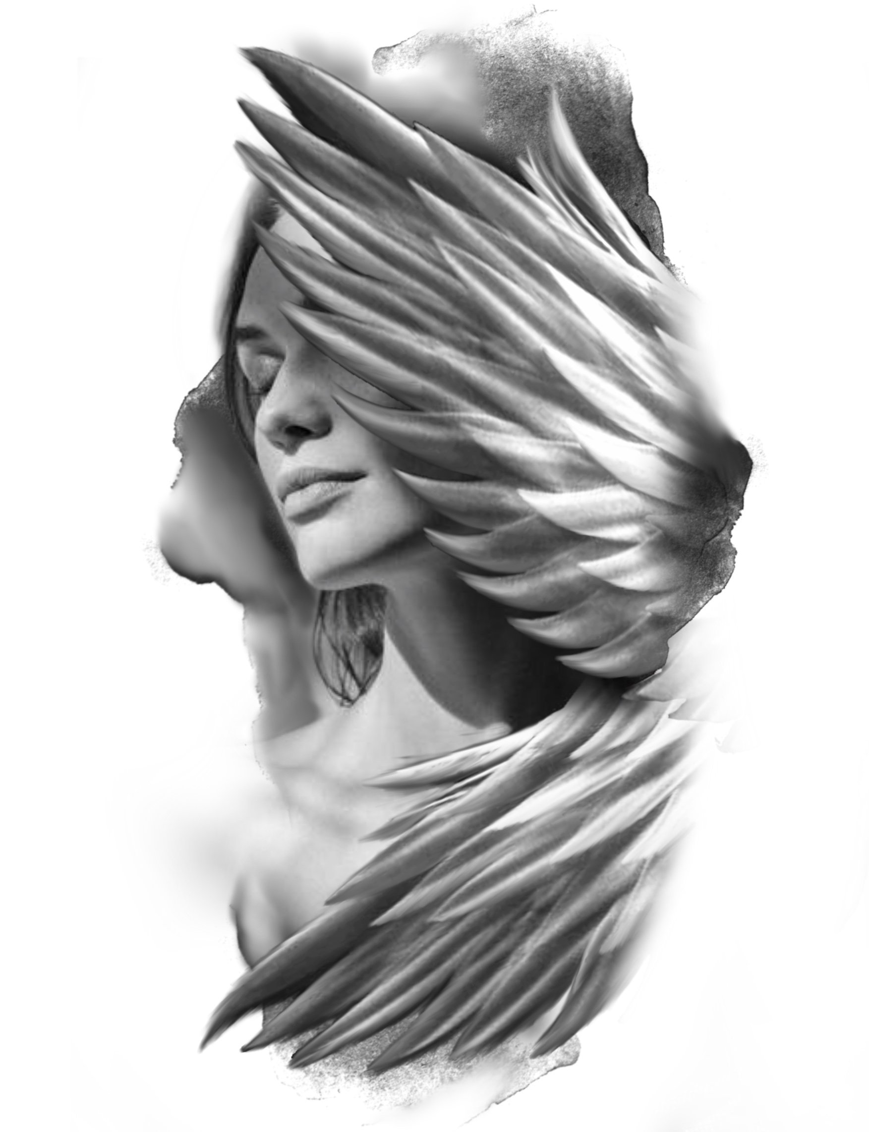 Black and white abstract portrait of a woman with her eyes closed, partially obscured by large, detailed leaves or feathers.