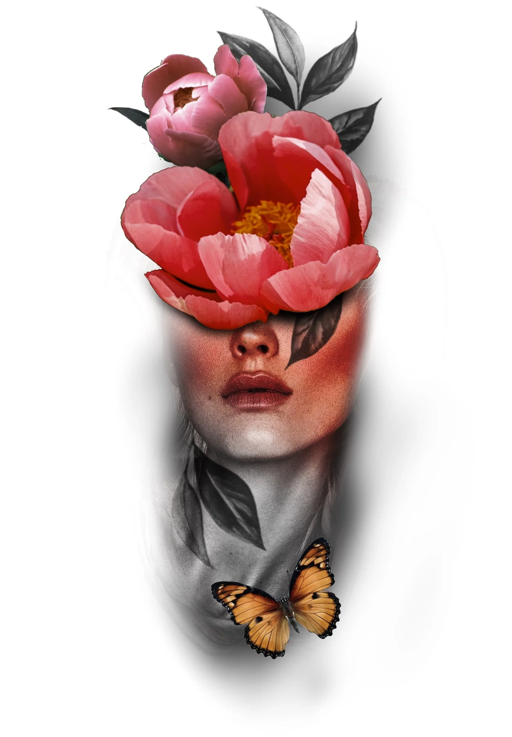 A surreal collage of a woman's face with flowers, leaves, a butterfly, and a moth replacing parts of her head and neck.