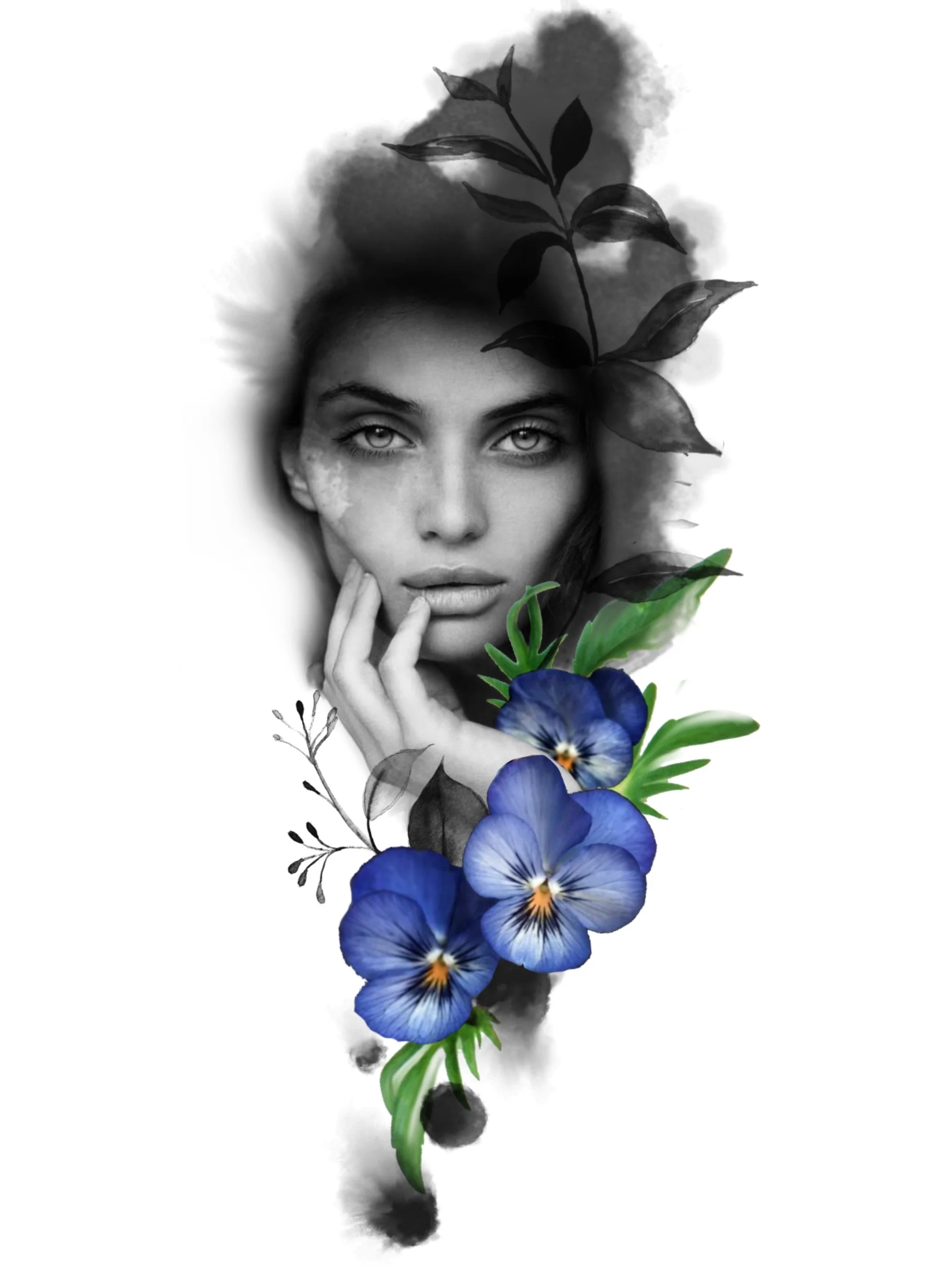 A black and white portrait of a woman with a contemplative expression, flowers in shades of blue and green, and an abstract black watercolor background.