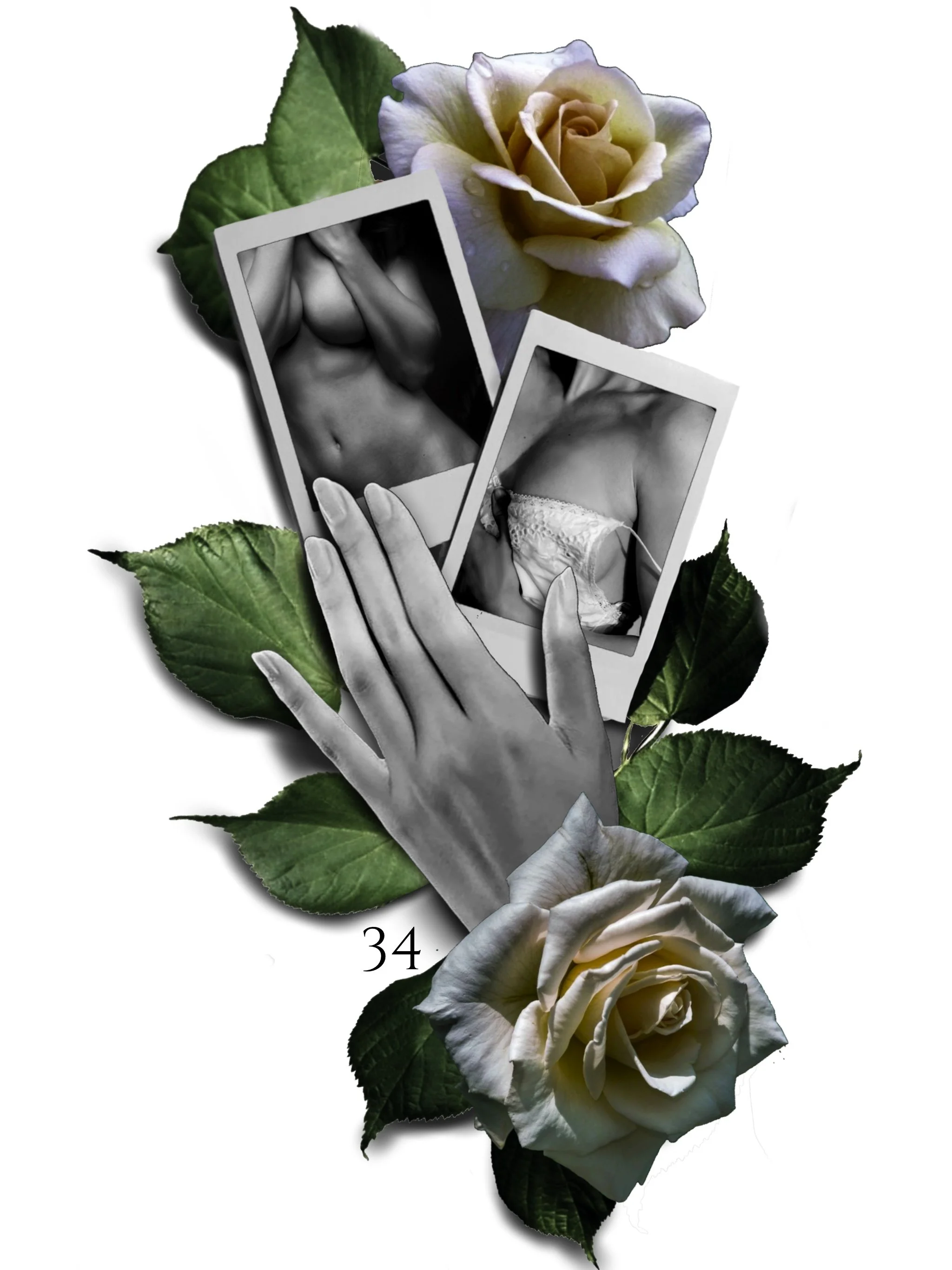 A black and white photograph of a woman with a toned abdomen, holding a candle, with a white lace garment, overlaid on a background of large green leaves and white roses. The number 34 is visible below the photograph.
