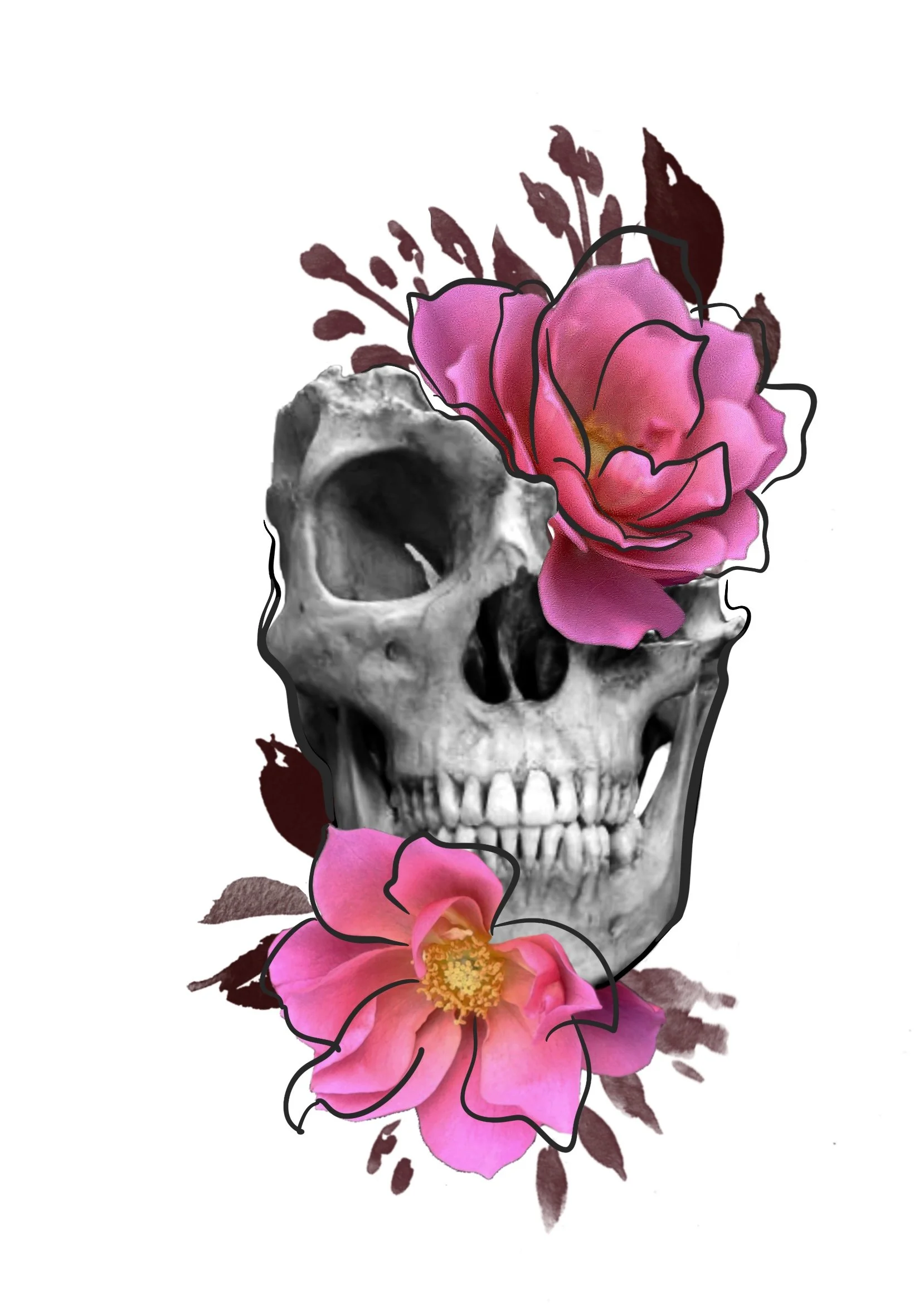 A skull with pink flowers and dark leaves arrangement.